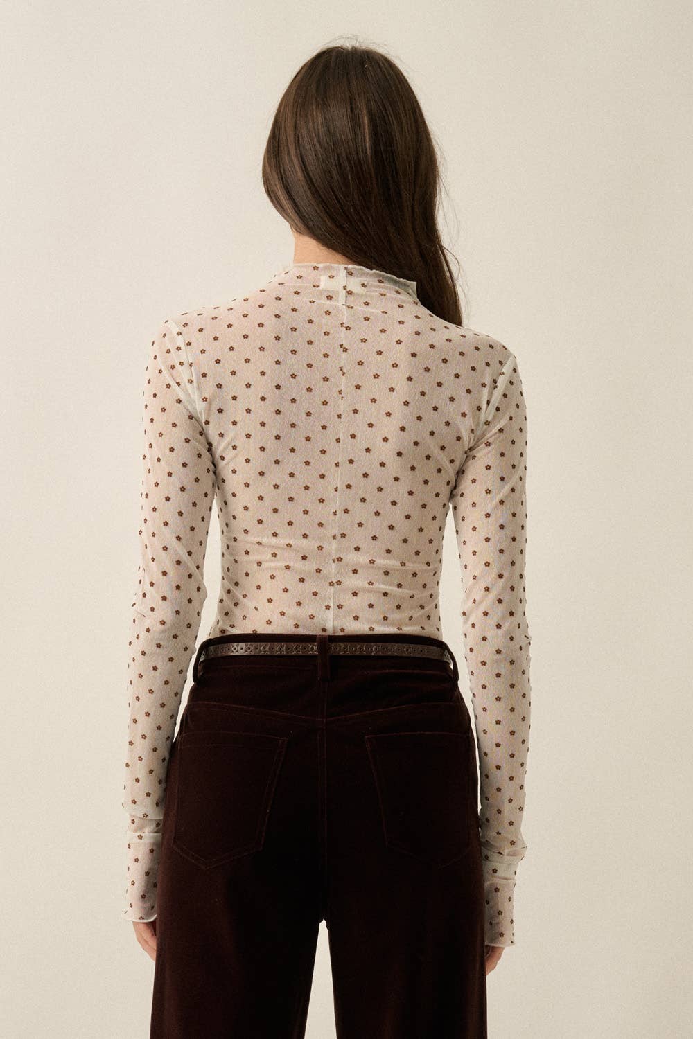 Sheer Mesh Top with Floral Polkadots, Mock-Neck, & Long-Sleeve Thumbhole Top