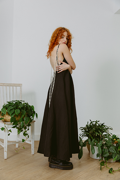 Linen & Fresh Water Pearls Black Maxi Dress