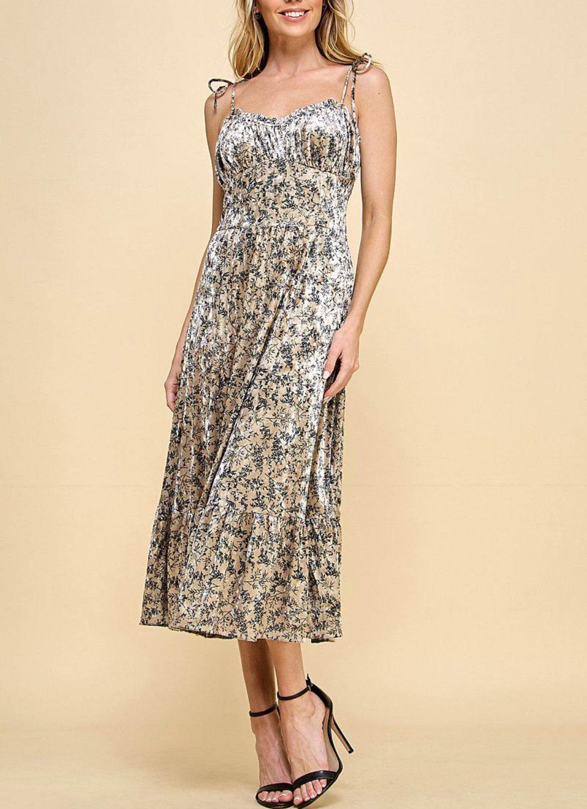 Velvet Floral Midi Dress with Bow tie Straps - SAUVAGE ZSA™
