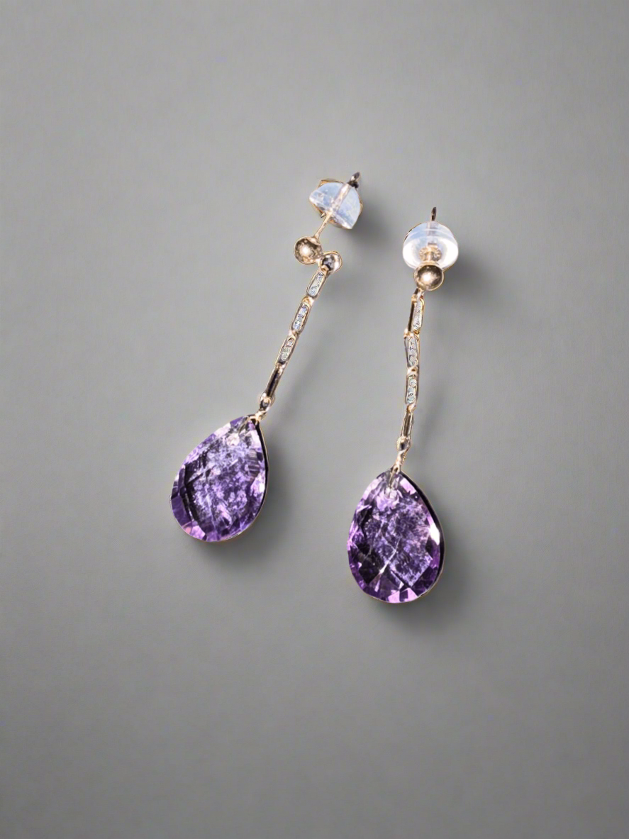 14K Gold Dangle Stud Earrings with Amethyst Gemstones