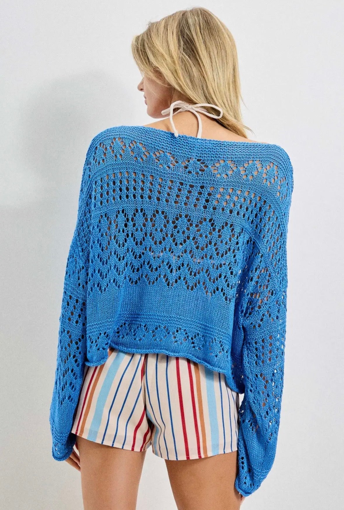 Cobalt Blue Open Stitch Flare Sleeve Knit Sweater