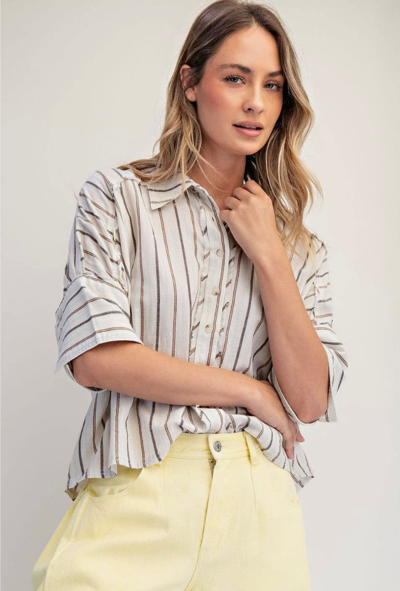Seaside Cotton Blouse with Stripes & 3/4 Sleeves