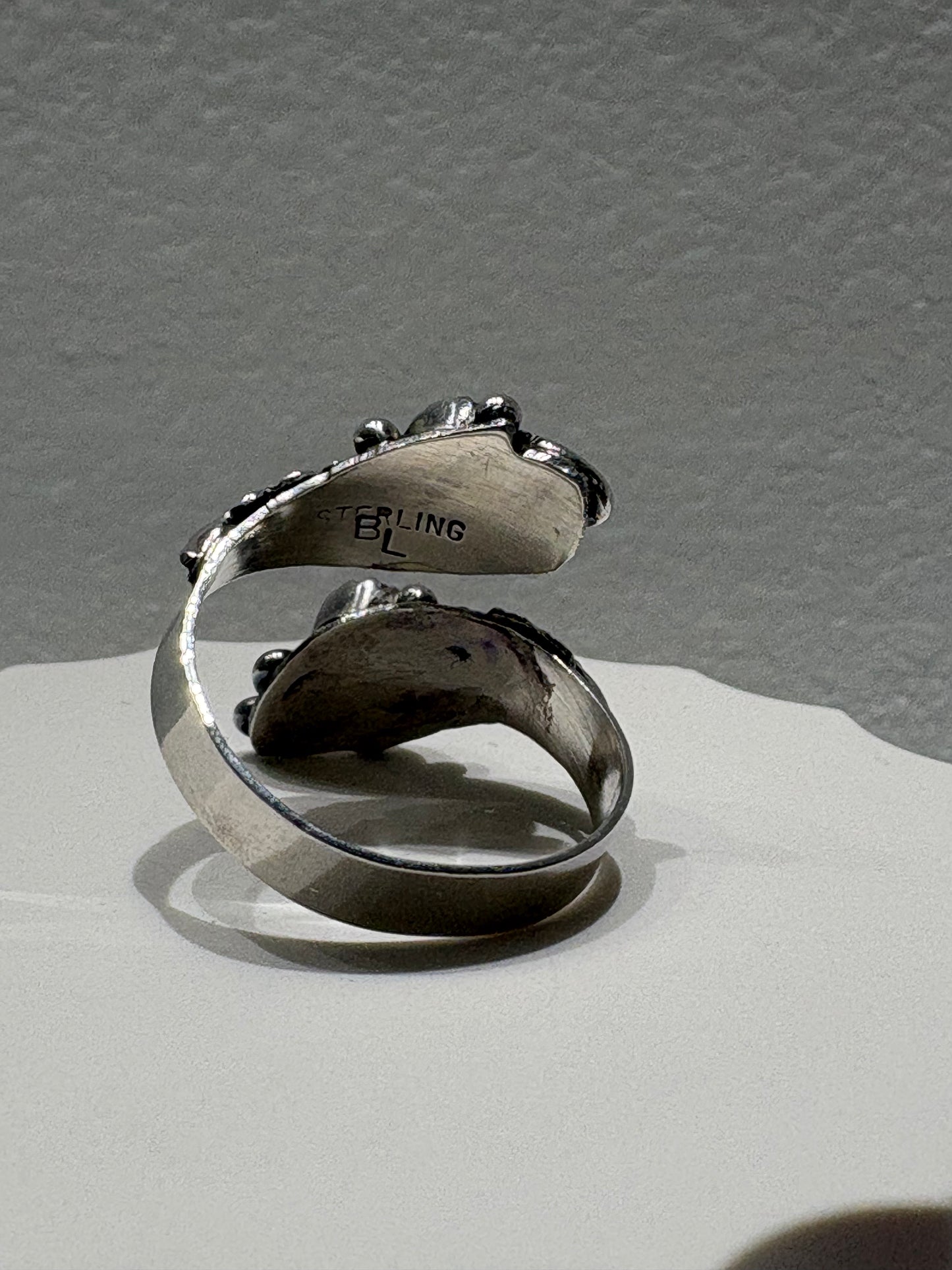 Vintage Adjustable Sterling Silver Wrap Ring with Amber & Leaves
