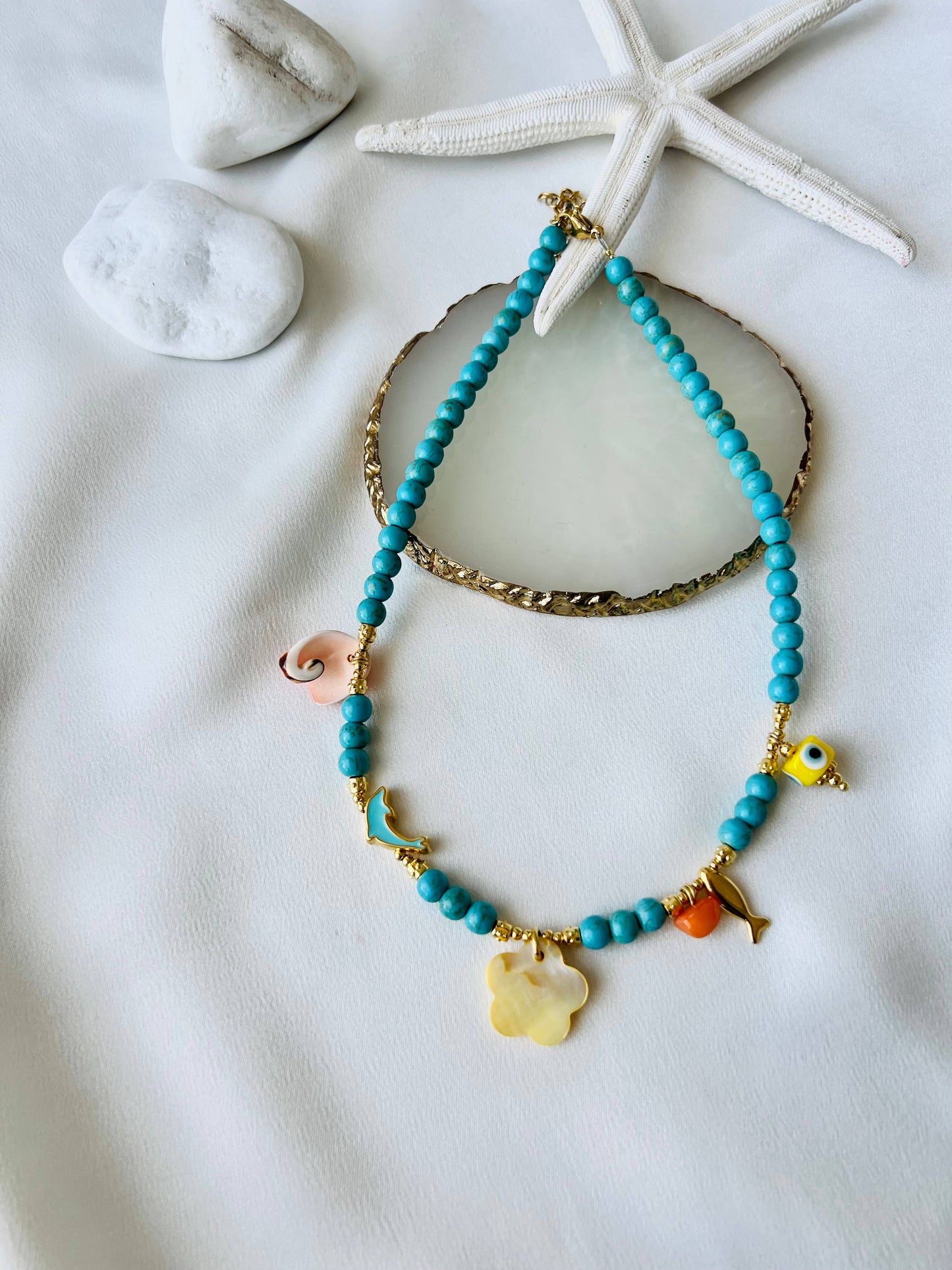 Turquoise Semiprecious Beaded Charm Necklace
