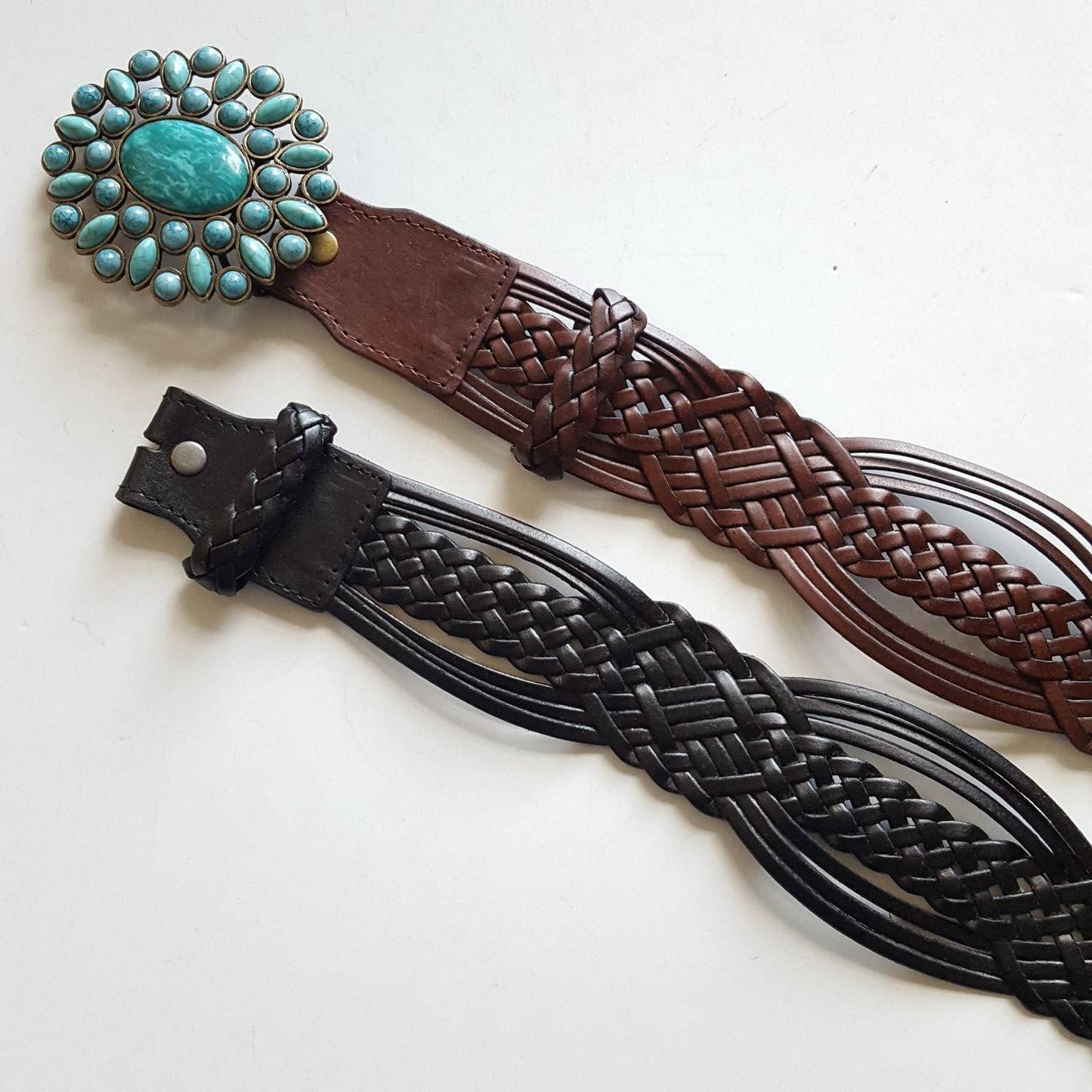 Hand Braided Leather Belt with Turquoise Buckle brass