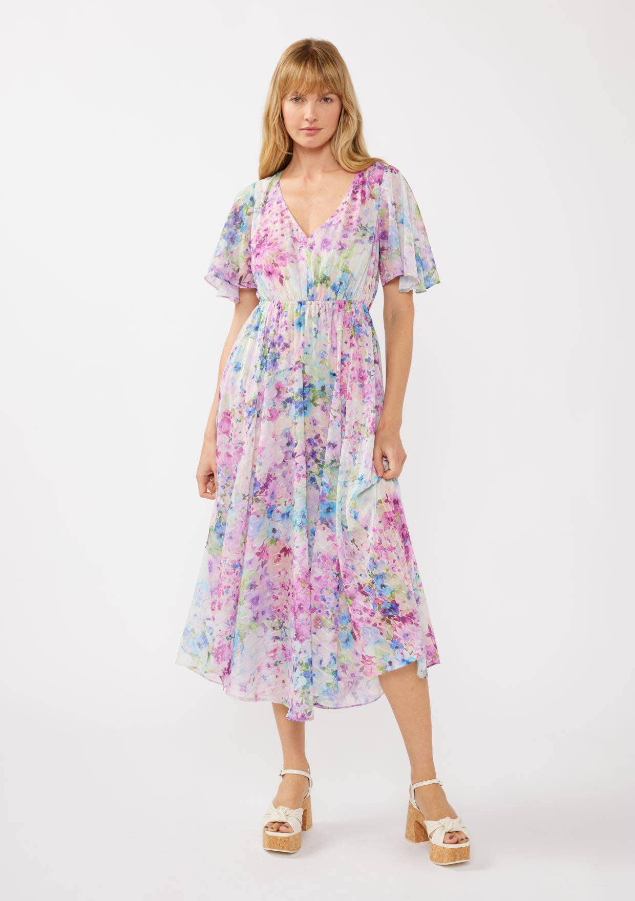 Watercolor Flower Short Sleeve Scarf Maxi Dress