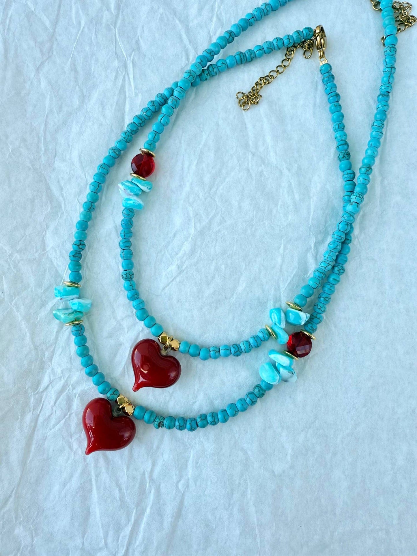 Handmade Semiprecious Howlite & Turquoise Necklace with Red Heart