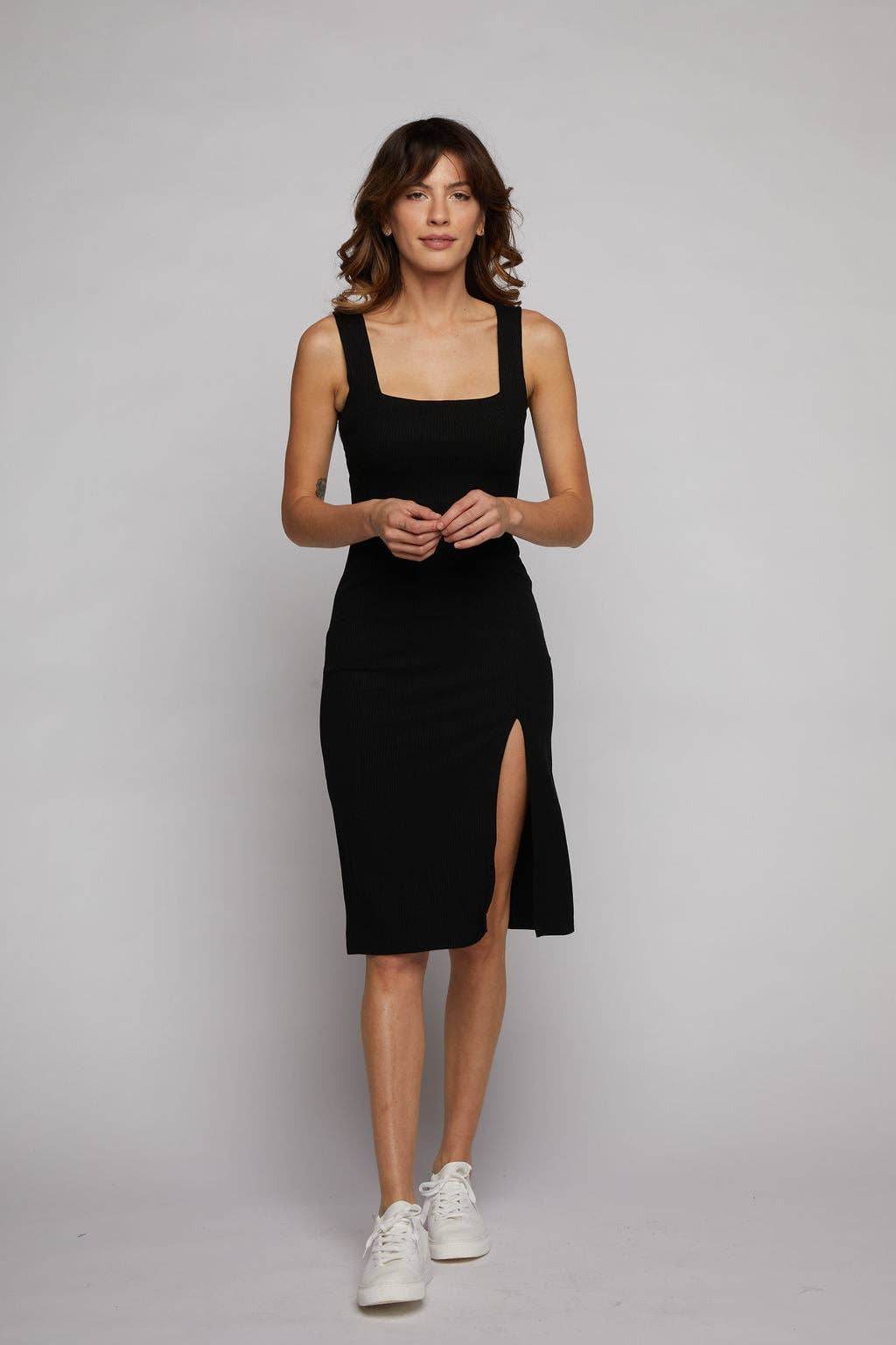 Square Neck Little Black Dress with High Slit - SAUVAGE ZSA™