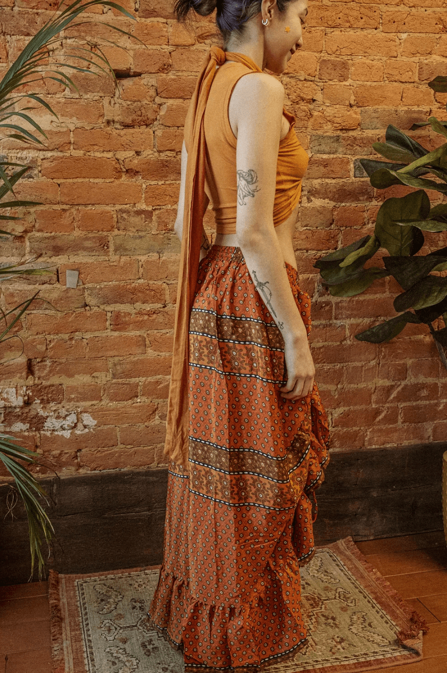 Silk Ruffle Maxi Skirt with Cinch & Flowers - SAUVAGE ZSA™