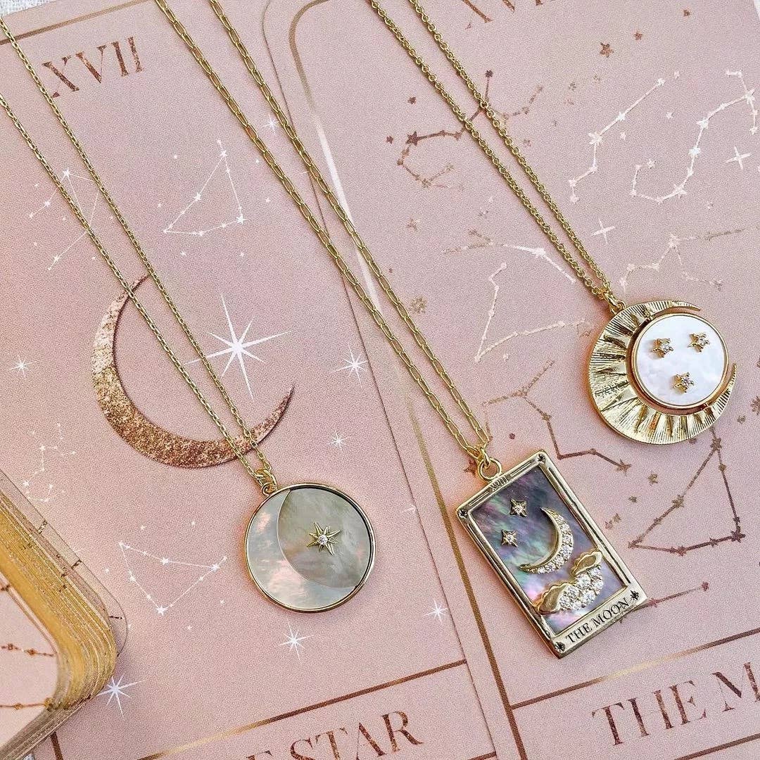 14K Steel and Abalone Shell Medallion Necklace with Moon, Sun, and Stars