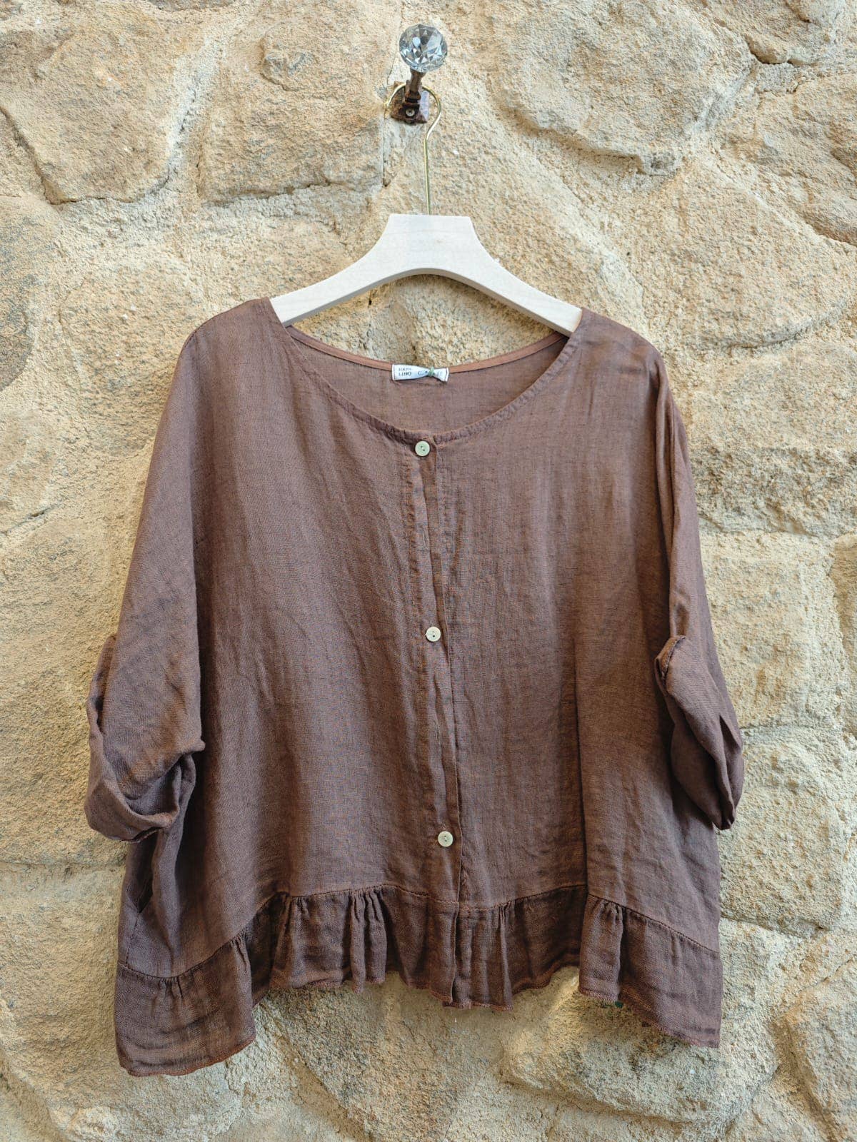 Ruffle 3/4 Sleeve Italian Linen Blouse