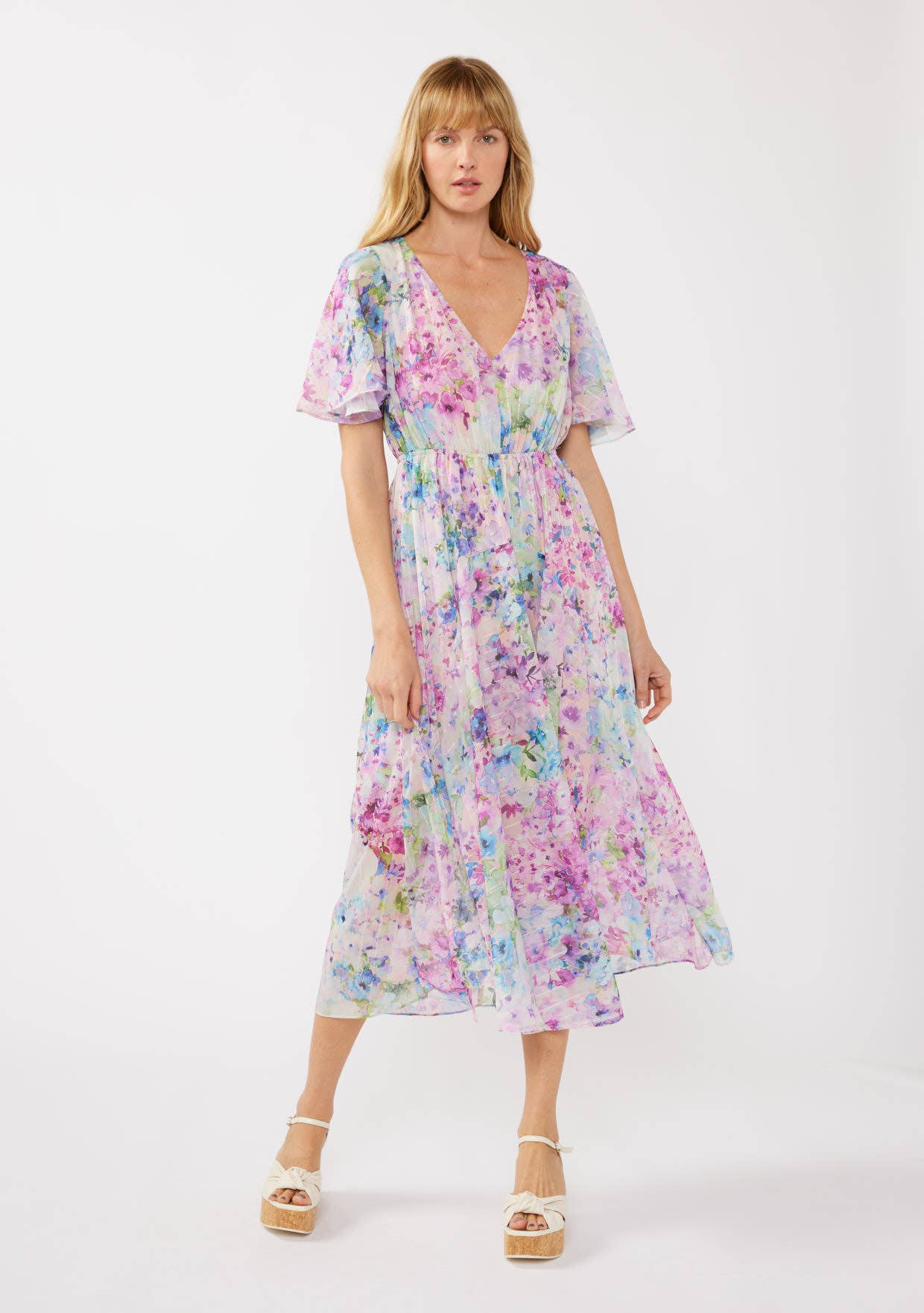 Watercolor Flower Short Sleeve Scarf Maxi Dress