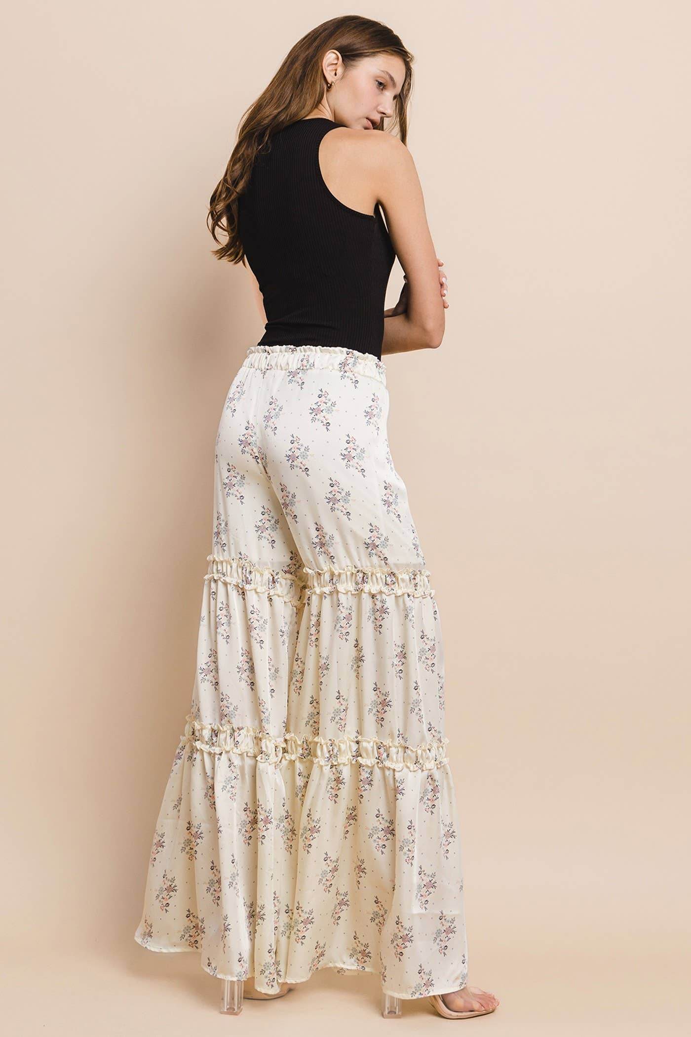 SATEEN FLORAL PRINT TIERED PALAZZO PANTS - SAUVAGE ZSA™