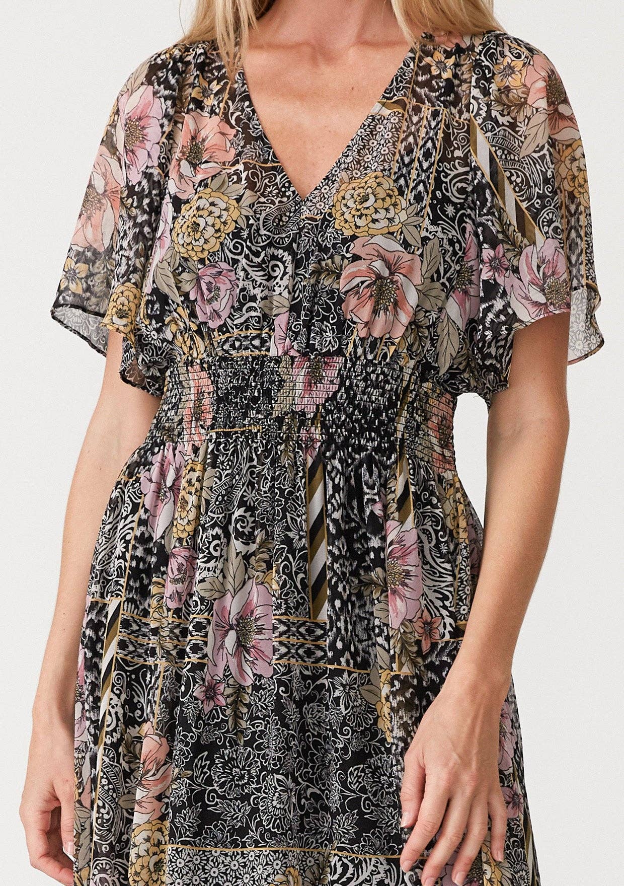 Flowy Asymmetrical V Neck Smocked Maxi Dress