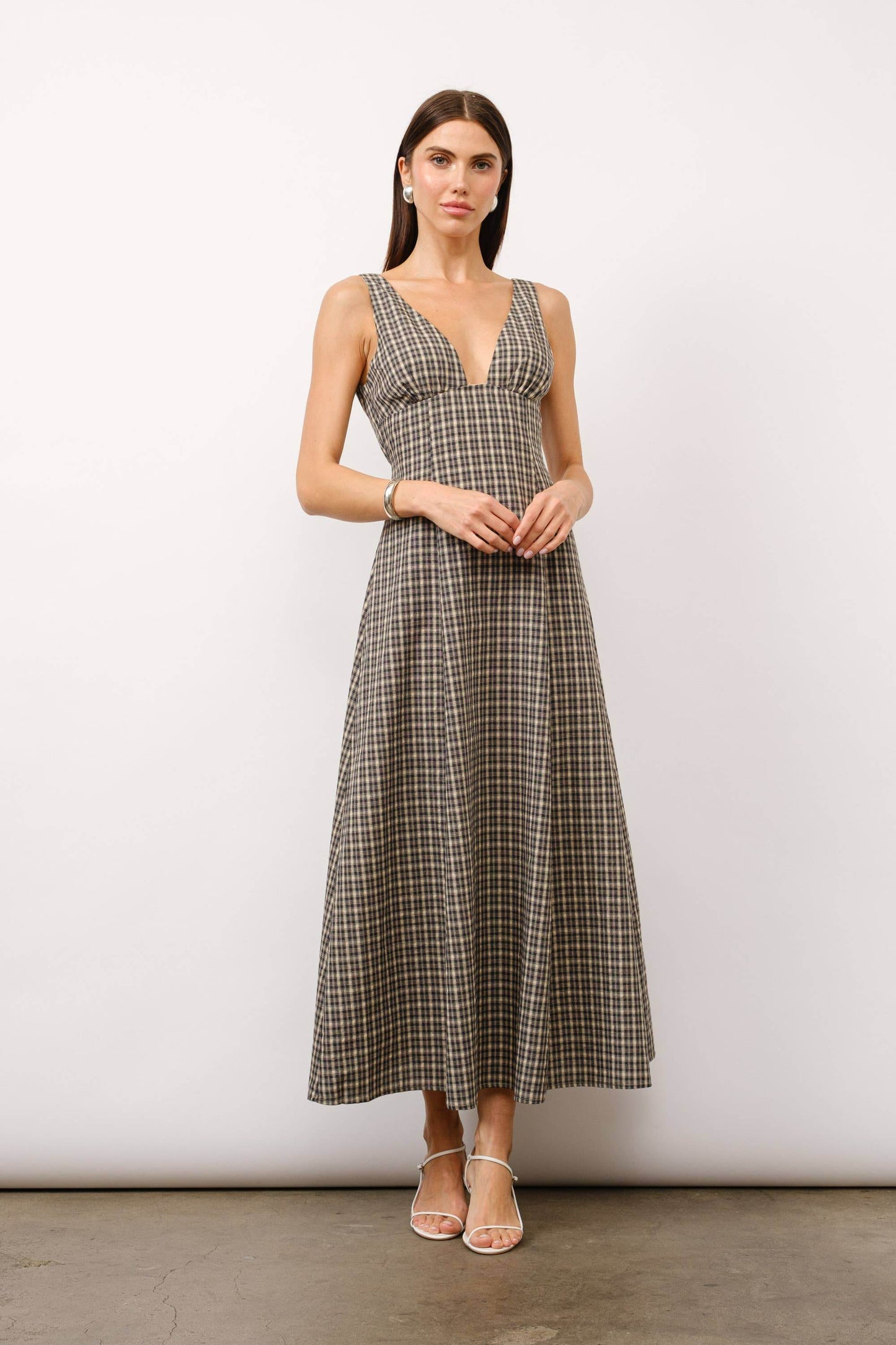 Augustine Sleeveless V-neck Godet Skirt Plaid Maxi Dress - SAUVAGE ZSA™