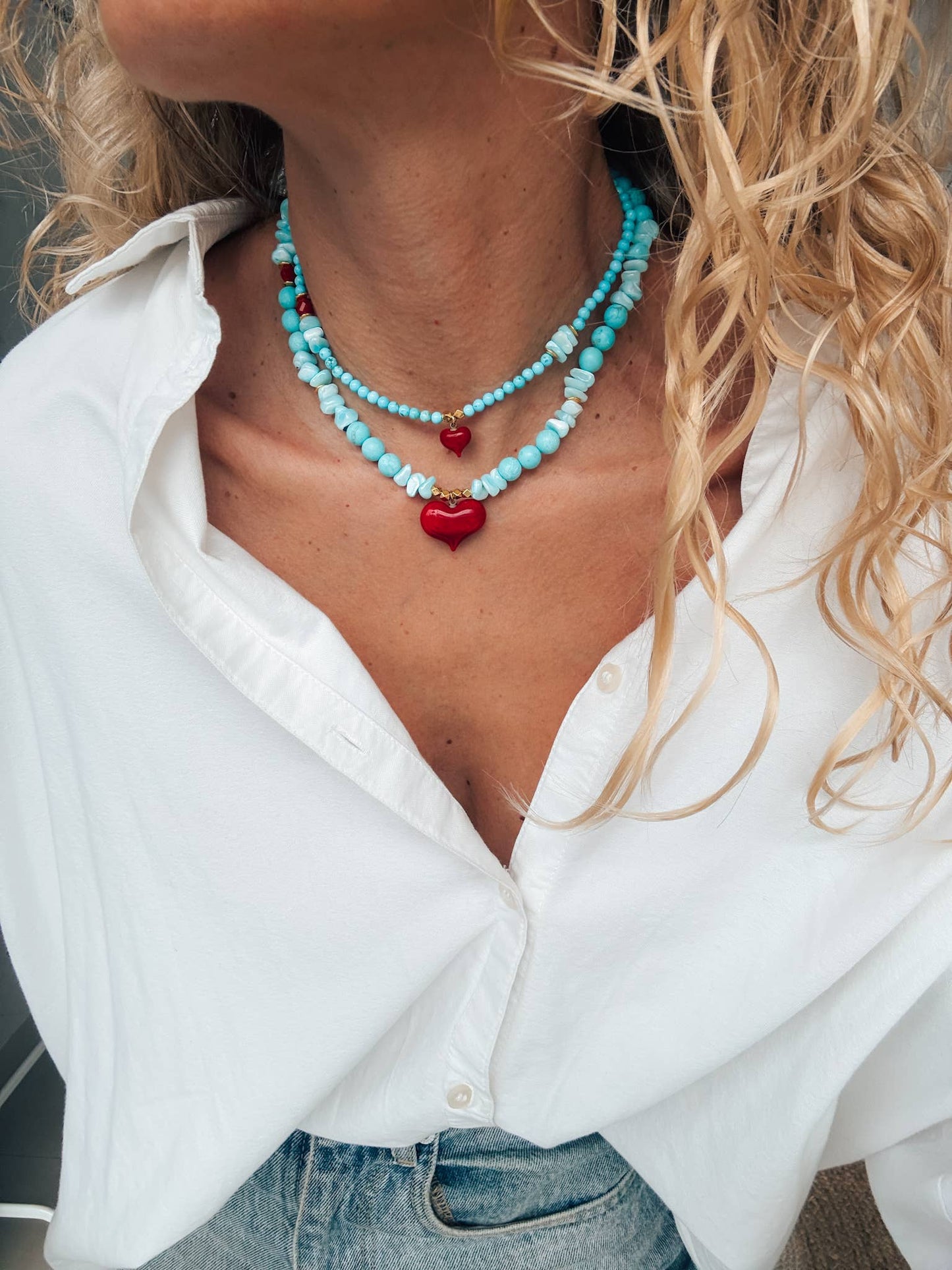 Handmade Semiprecious Howlite & Turquoise Necklace with Red Heart