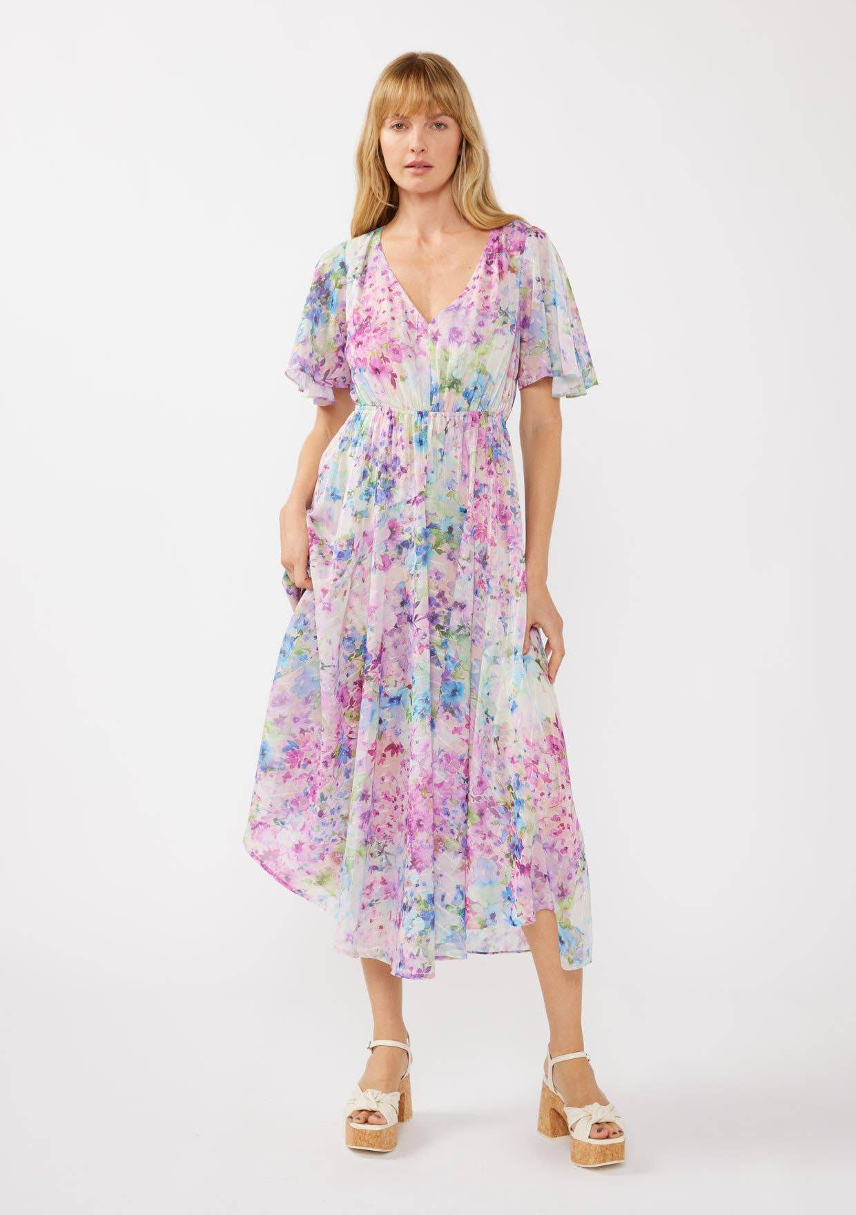 Watercolor Flower Short Sleeve Scarf Maxi Dress - SAUVAGE ZSA™