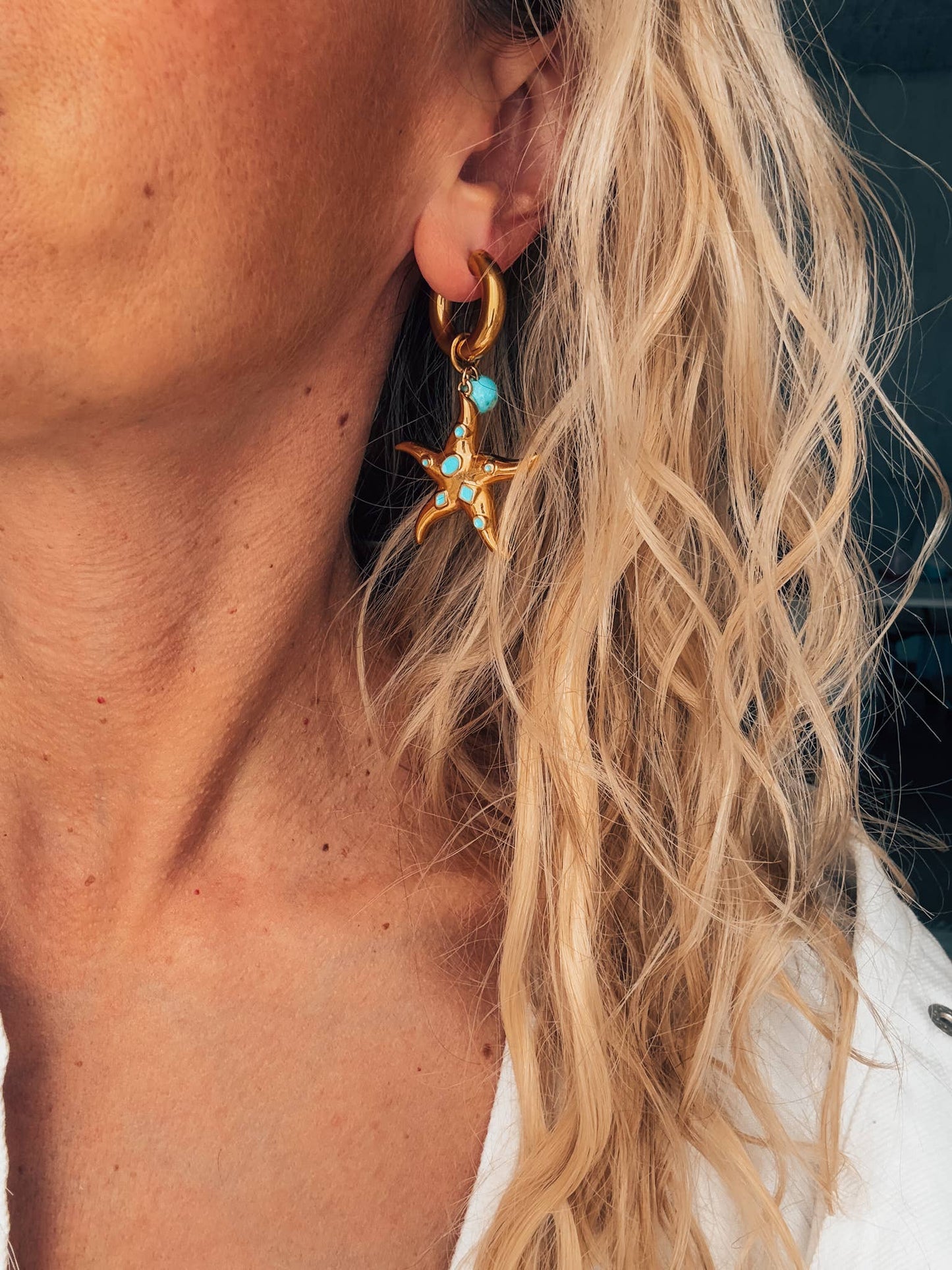Gold Dangle Starfish Shell Earrings with Turquoise Bead