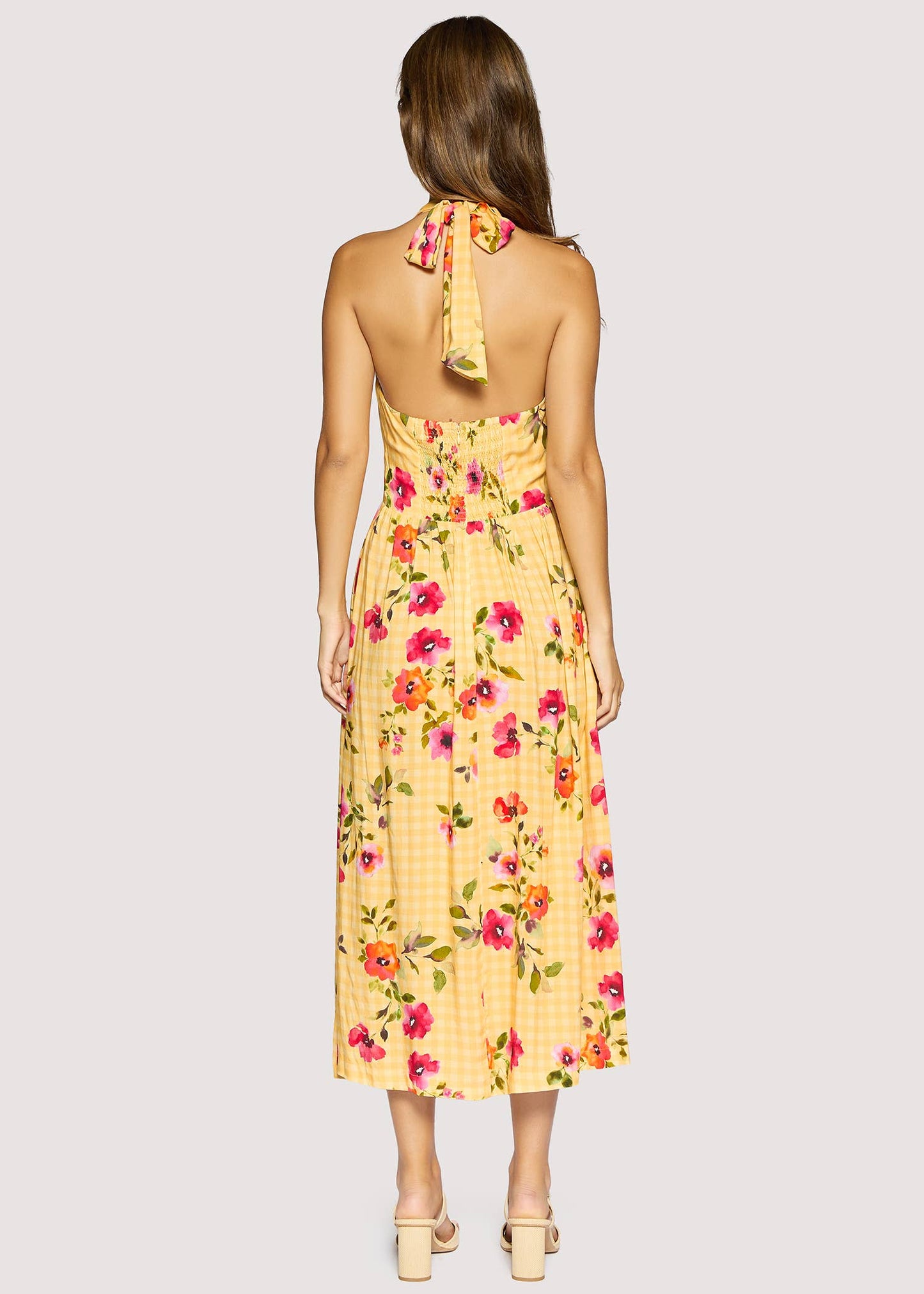 Gingham Print Yellow and Pink Floral Halter Midi Dress