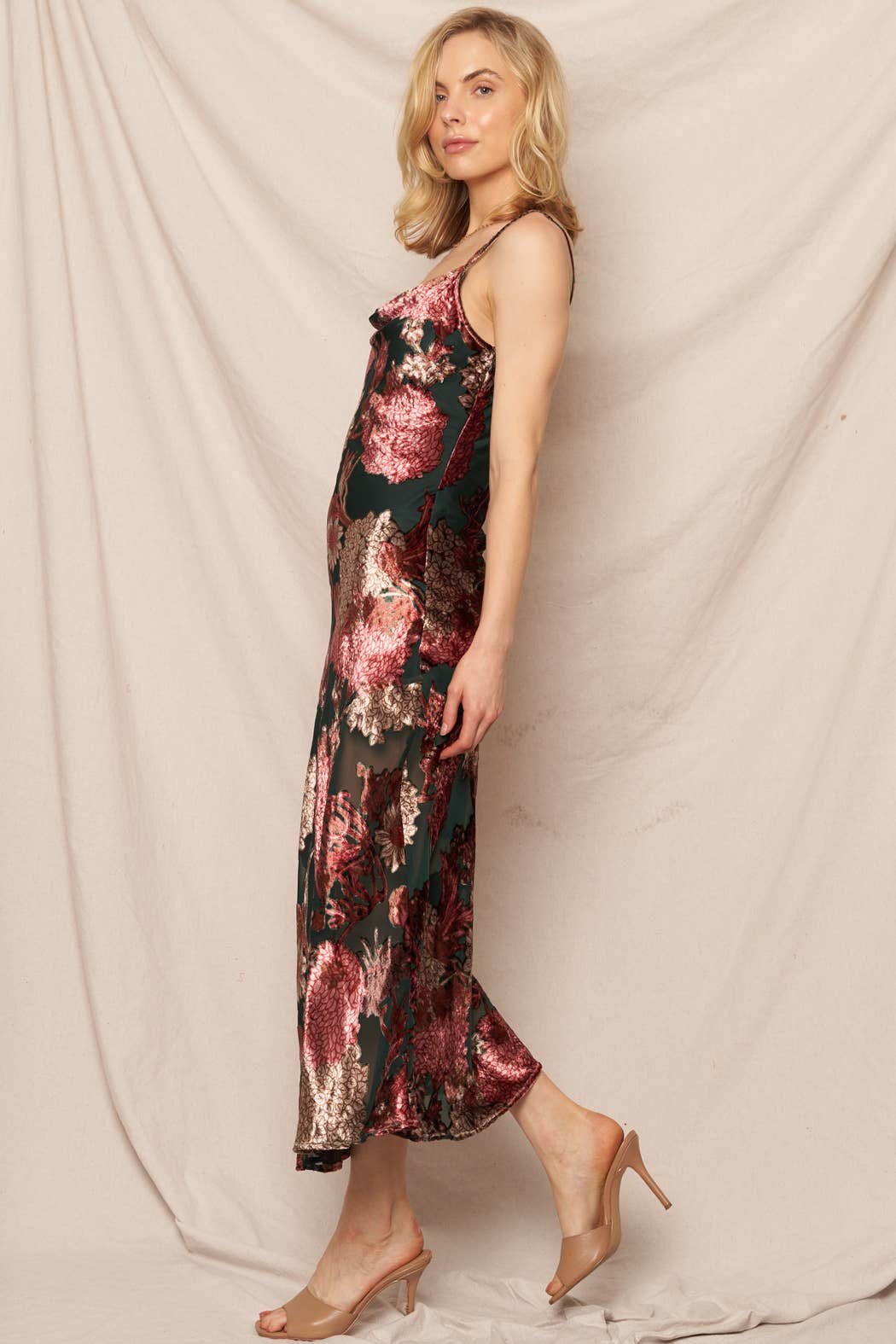 Dark Green Cowl Neck Floral Print Midi Dress