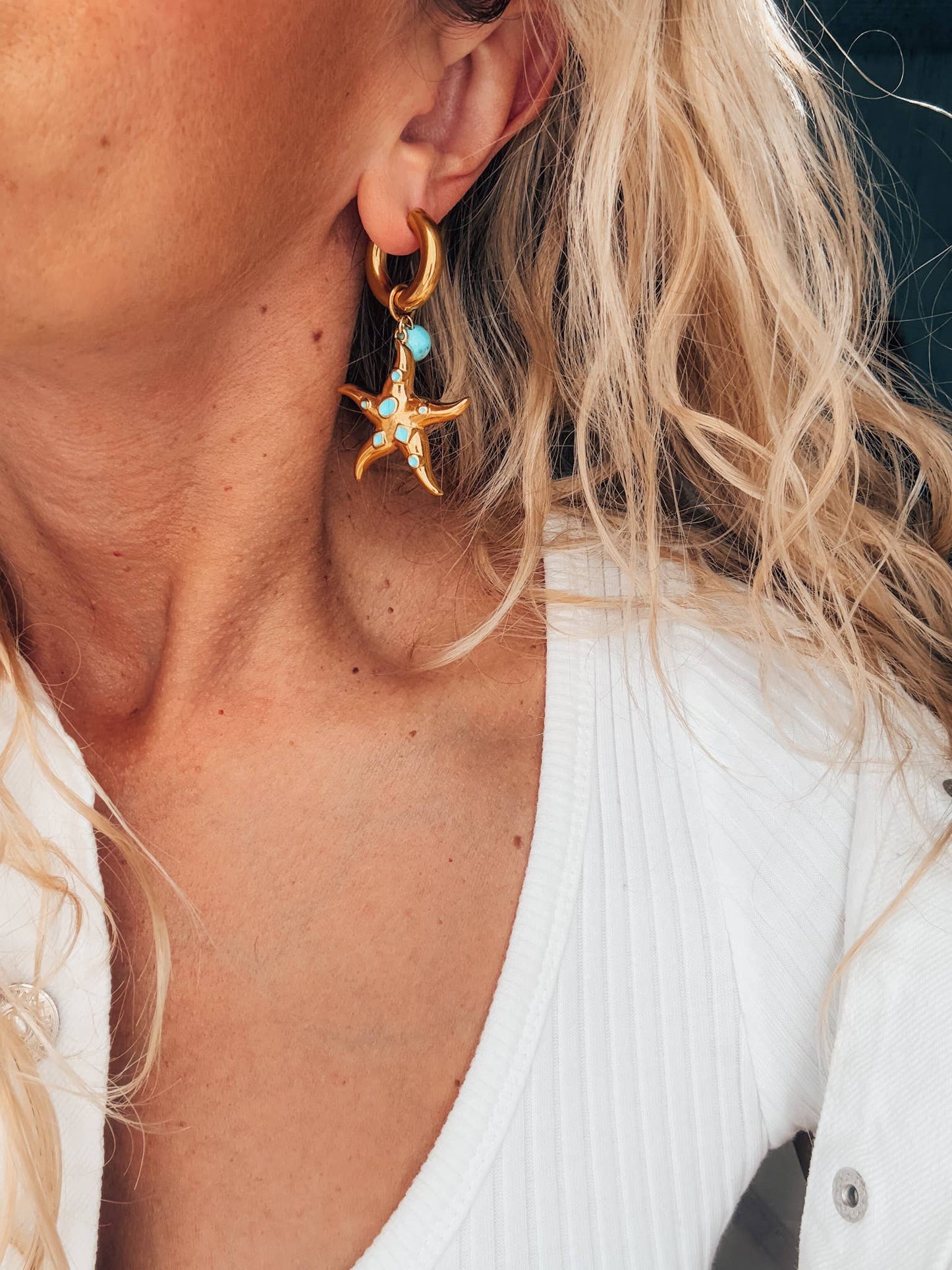 Gold Dangle Starfish Shell Earrings with Turquoise Bead