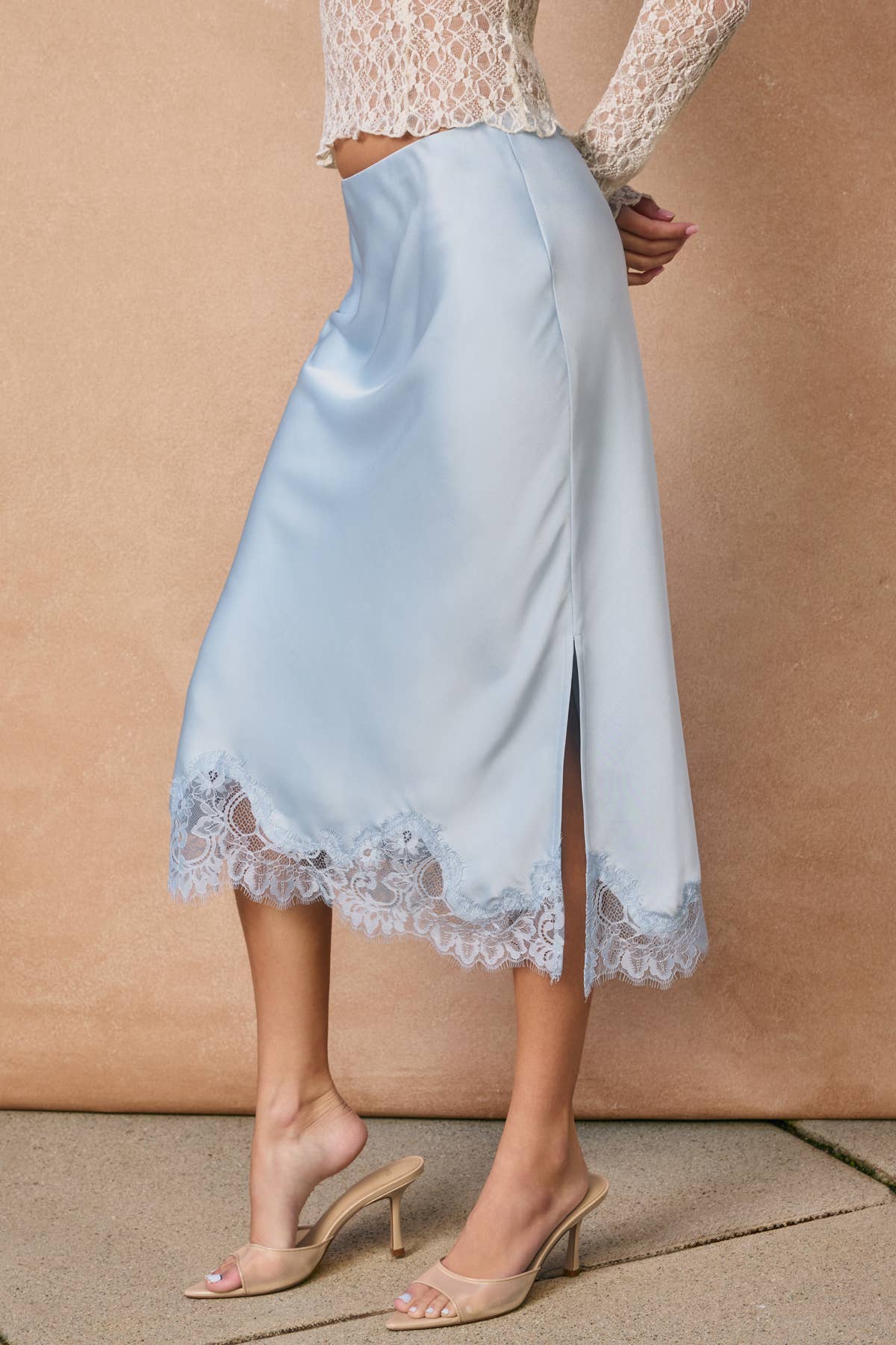 Powder Blue Lined Satin Pencil Skirt with Lace Hem