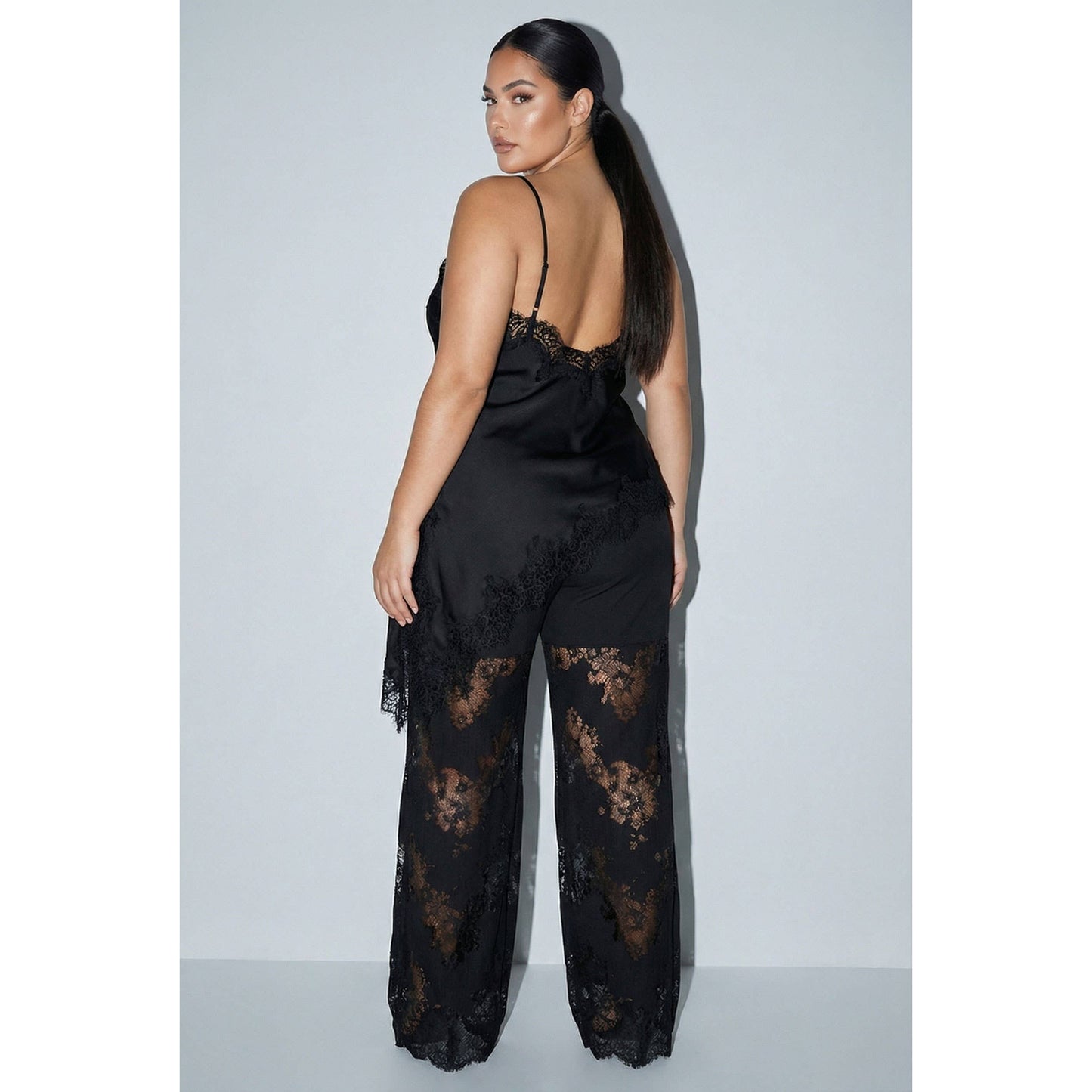 Satin Lace Trim Cami and Pants Set Plus Size