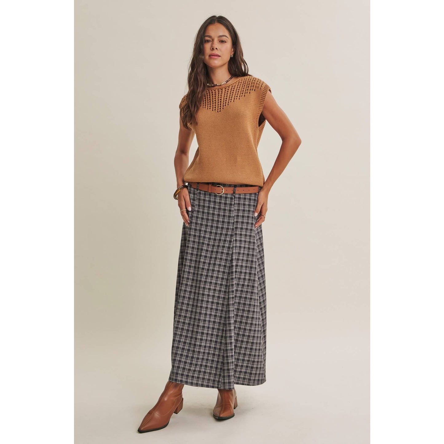 Heritage Plaid Flare Maxi Skirt with Belt