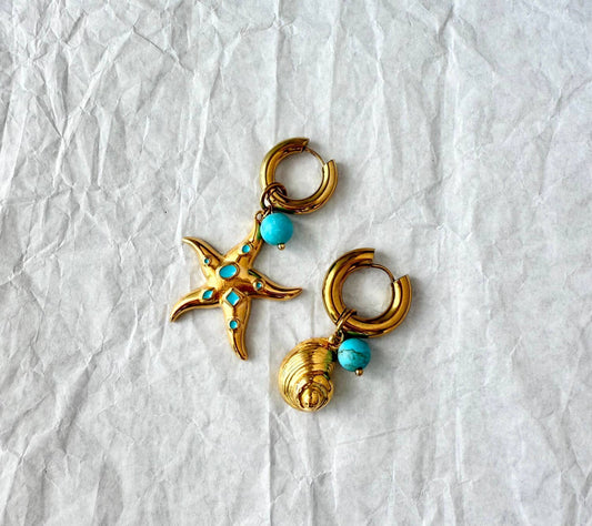 Gold Dangle Starfish Shell Earrings with Turquoise Bead