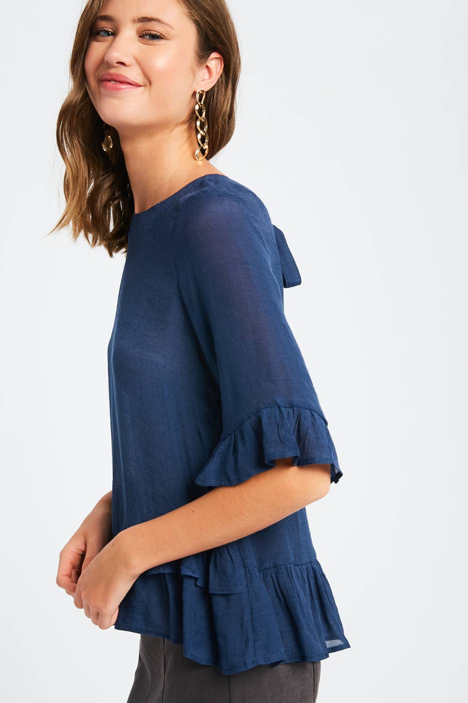 3/4 Sleeve Ruffle Hem Feminine Blouse