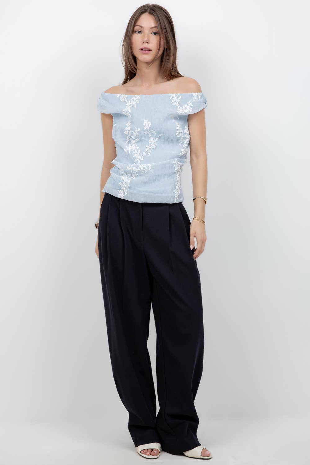 Embroidered Floral Soft Off Shoulder Blouse Powder Blue