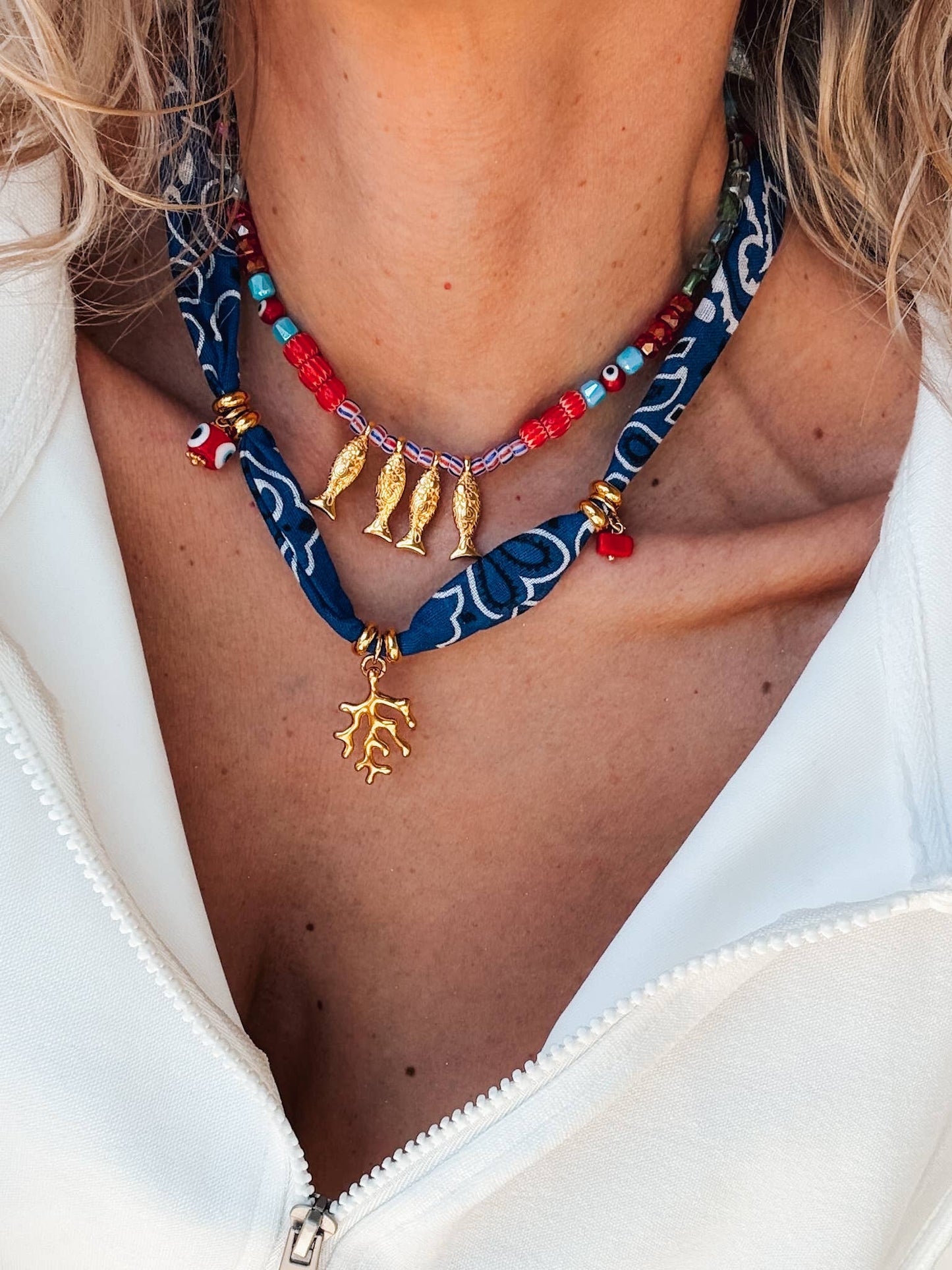 Bohemian Blue Bandana Charm Necklace with & Colorful Beaded Fish