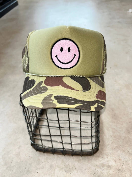 Pink Smiley Camo Trucker Hat