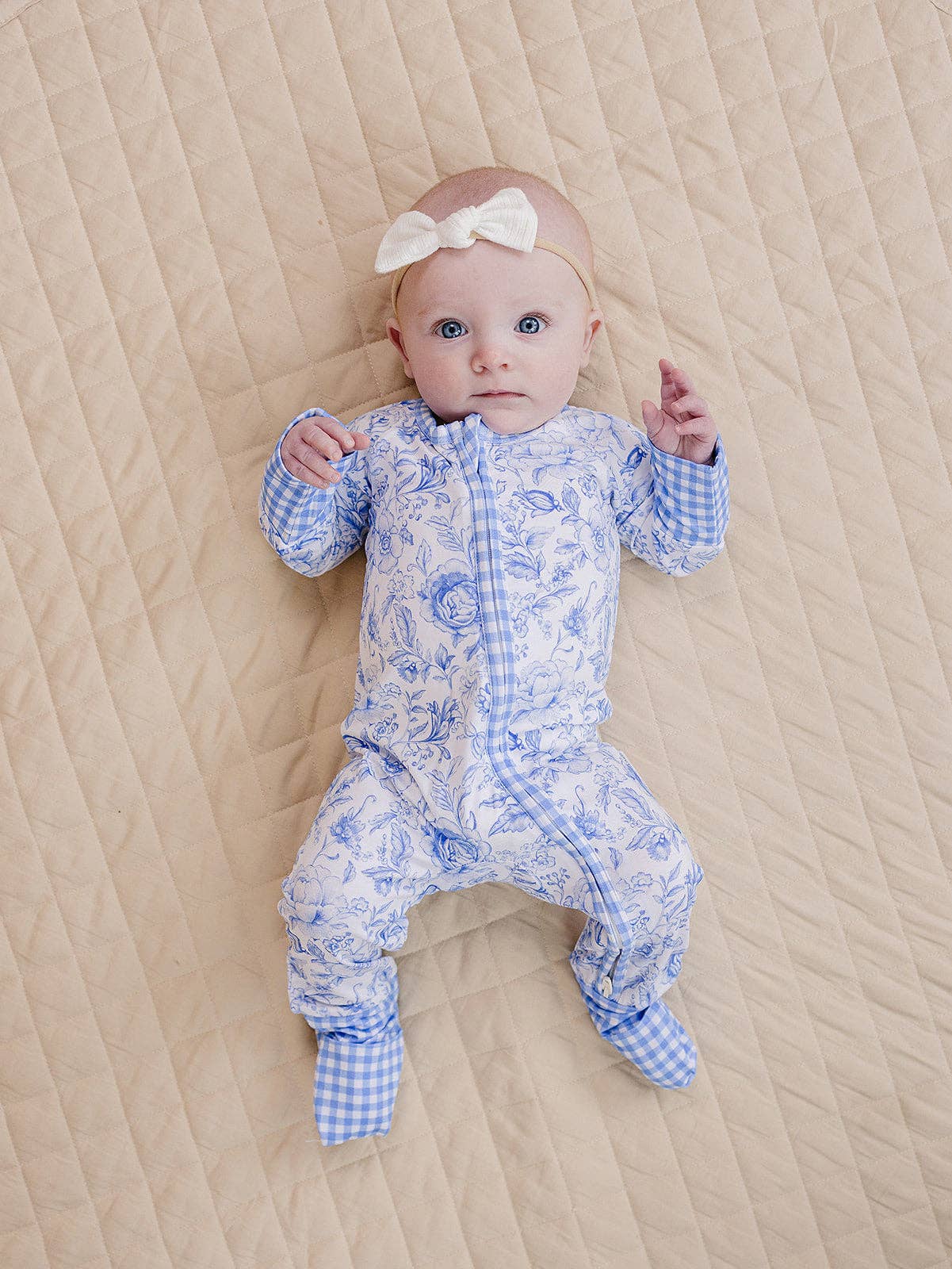 Baby Bamboo Zip Romper Footie & Mittens - Mommy and Me Blue Flowers