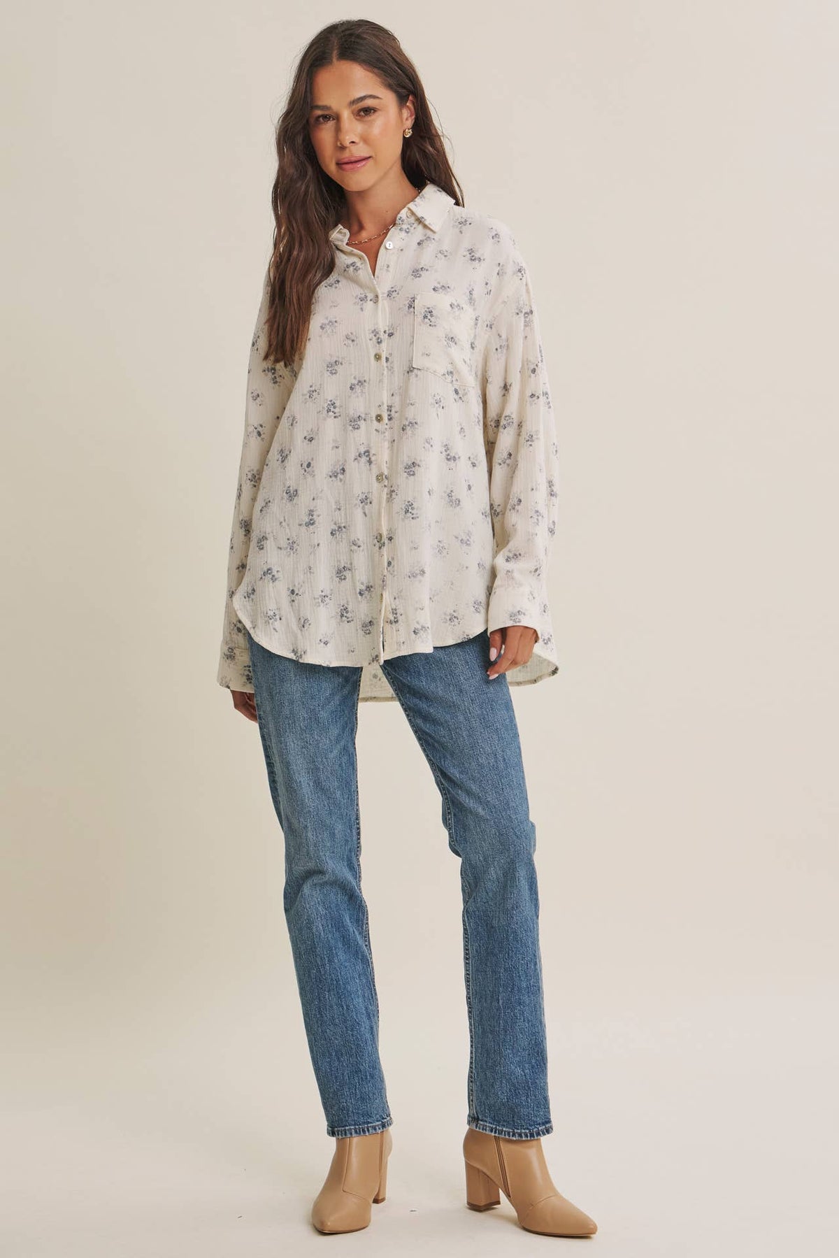 Soft Floral Cotton Relaxed Fit Button Down Shirt