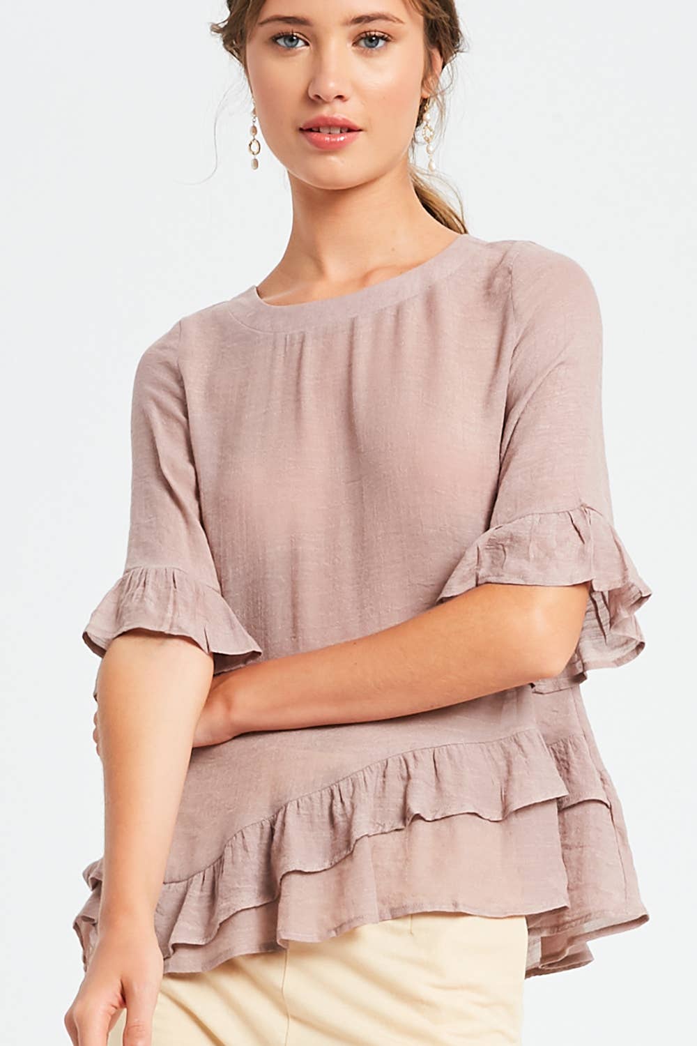 3/4 Sleeve Ruffle Hem Feminine Blouse