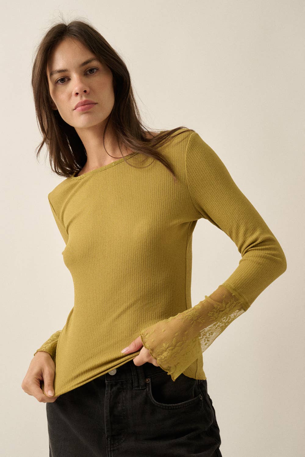 Solid Ribbed Knit Long-Sleeve Lace-Cuff Fitted Top