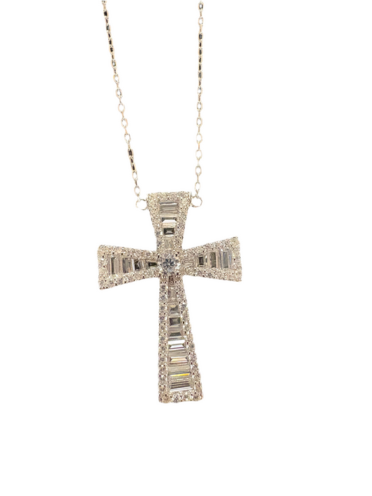 Sterling Silver Cross Necklace with Baguette Crystals