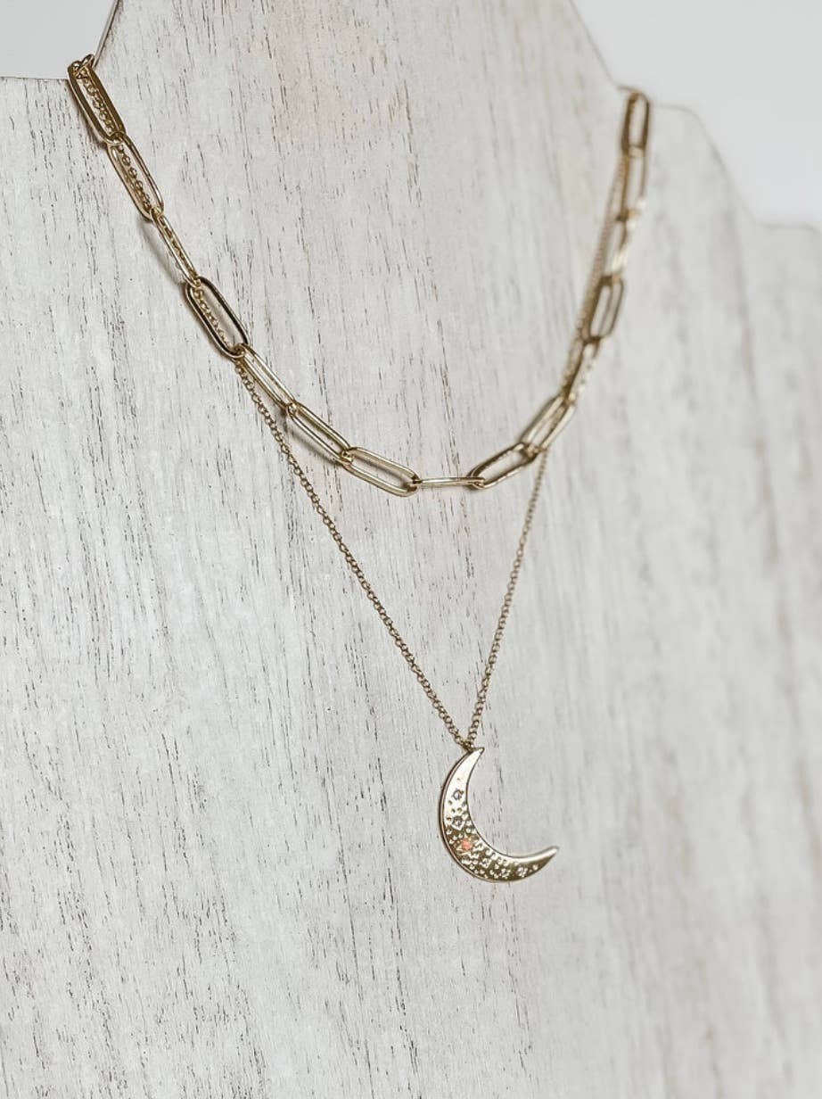 14K Crescent Moon Pendant Necklace With Opals and Crystal