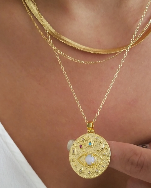Celestial Gypsy Coin Necklace with Third Eye Amulet Charm and Stones - Stacking hypoallergenic steel necklace