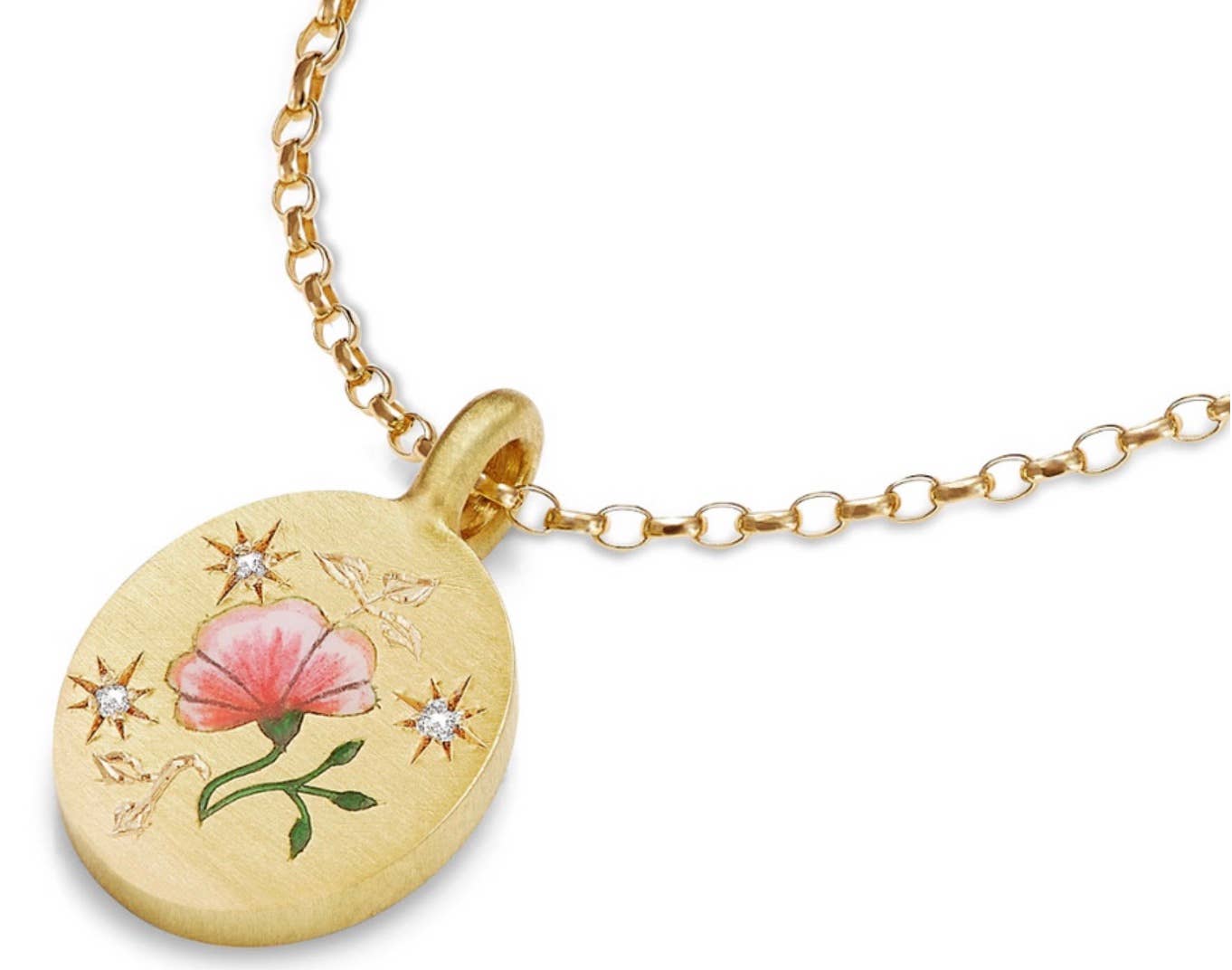 Poppy Painted Enamel Talisman Necklace - Engraved - Steel 14K