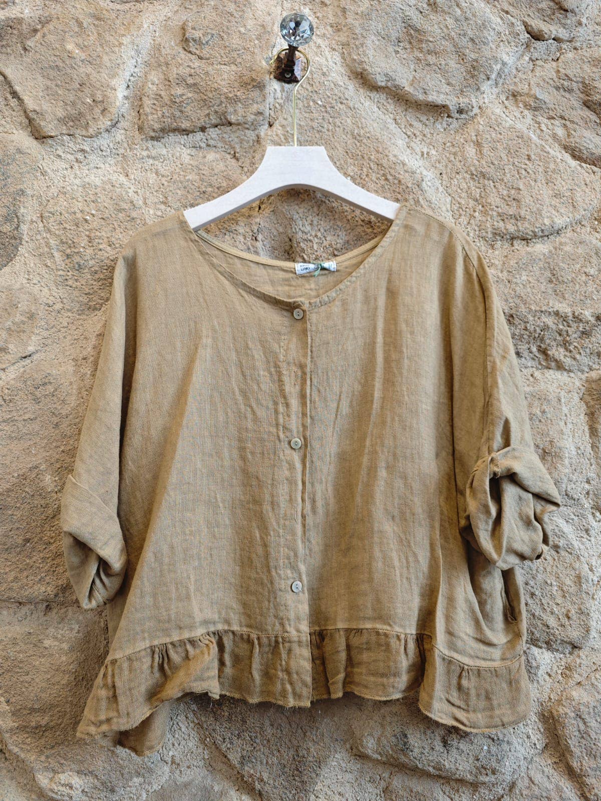 Ruffle 3/4 Sleeve Italian Linen Blouse