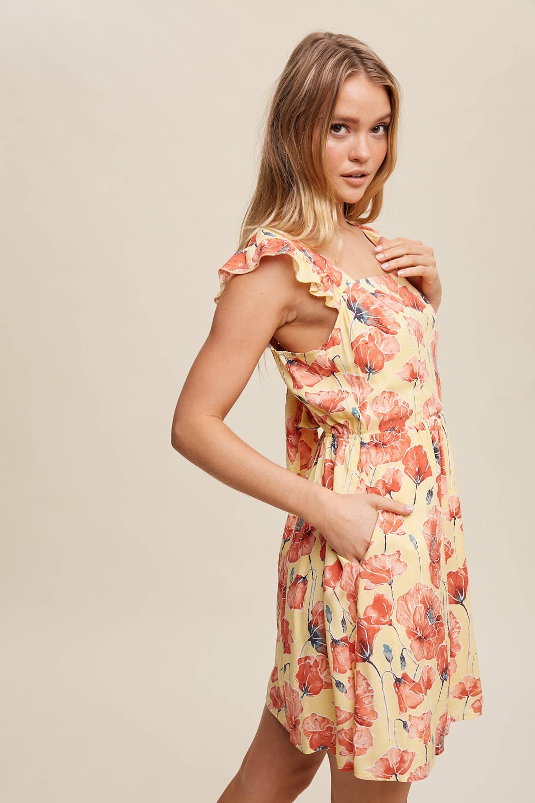 Poppy Floral Ruffle Strap Tie-Back Mini Dress