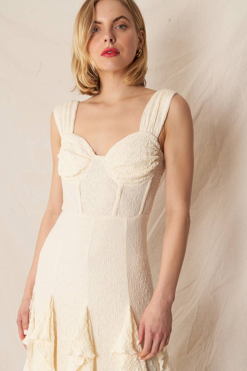 Ivory Bohemian Maxi Dress with Ruffles and Sweetheart Corset