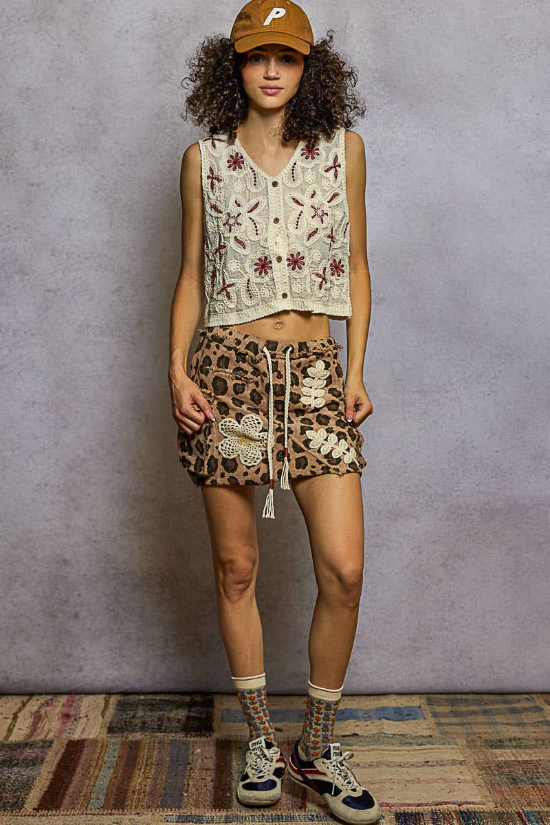 Camo Mini Skirt with Cargo Pockets and Boho Crochet Detail