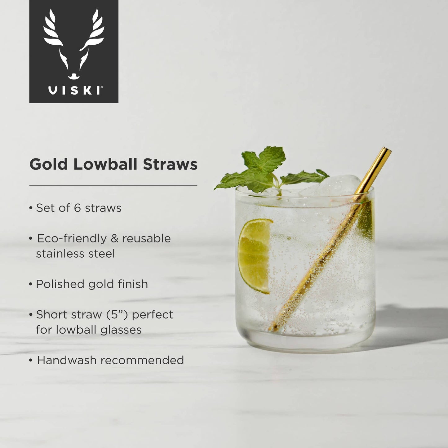 Ecofriendly Straws - Viski Belmont™ Reusable Gold Plated Lowball Straws - Set of 6
