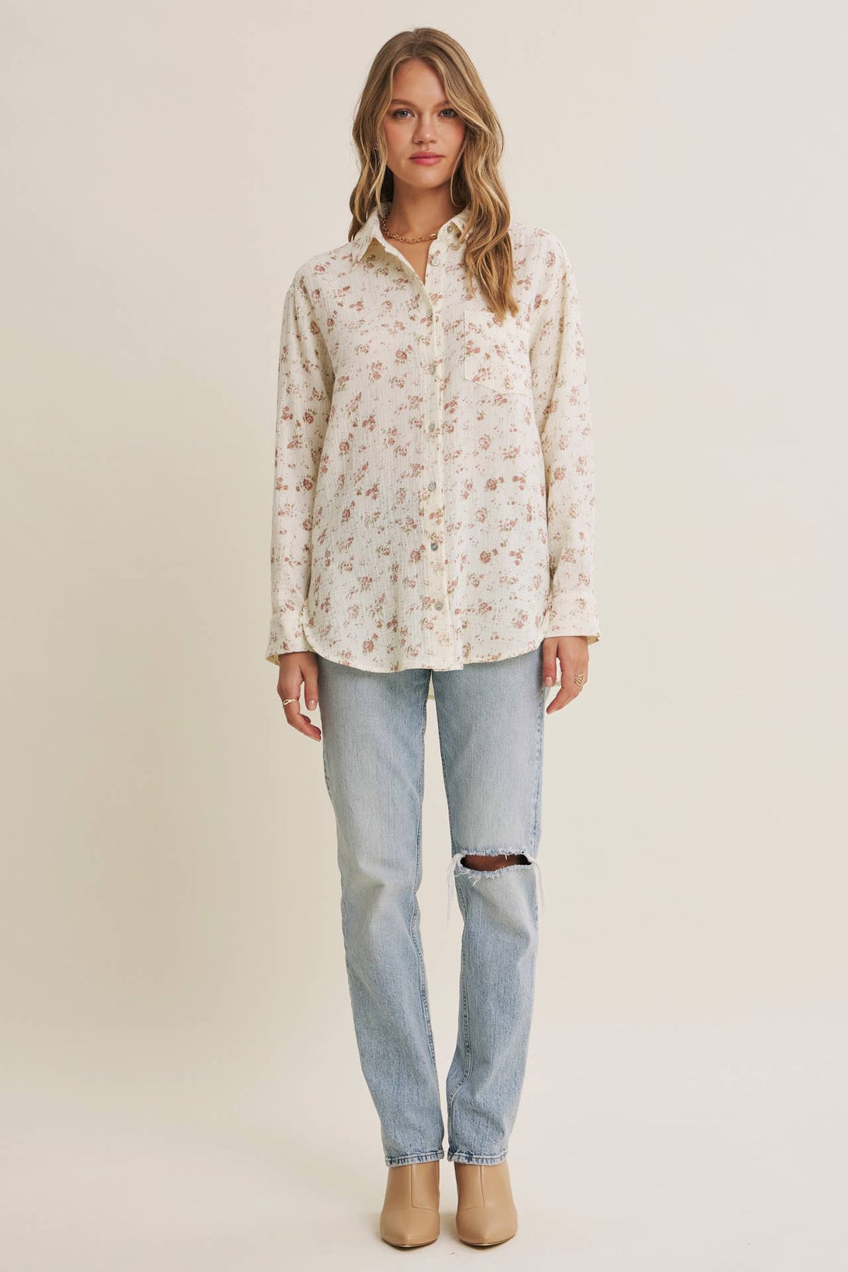 Soft Floral Cotton Relaxed Fit Button Down Shirt