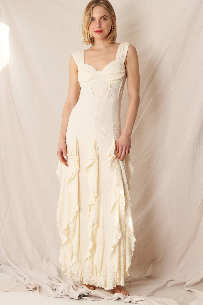 Ivory Bohemian Maxi Dress with Ruffles and Sweetheart Corset