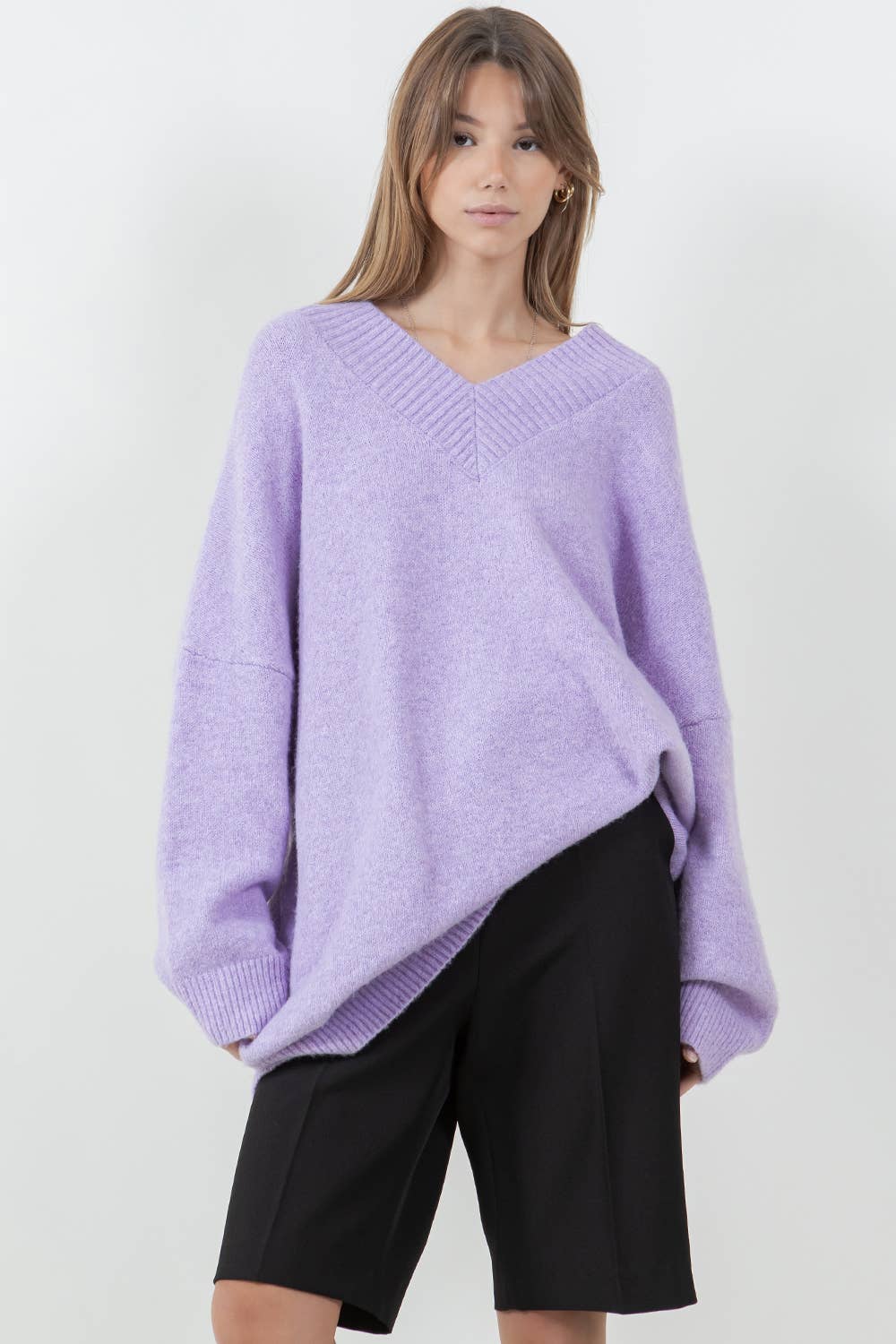 Oversized V-Neck Fuzzy Knitted Sweater