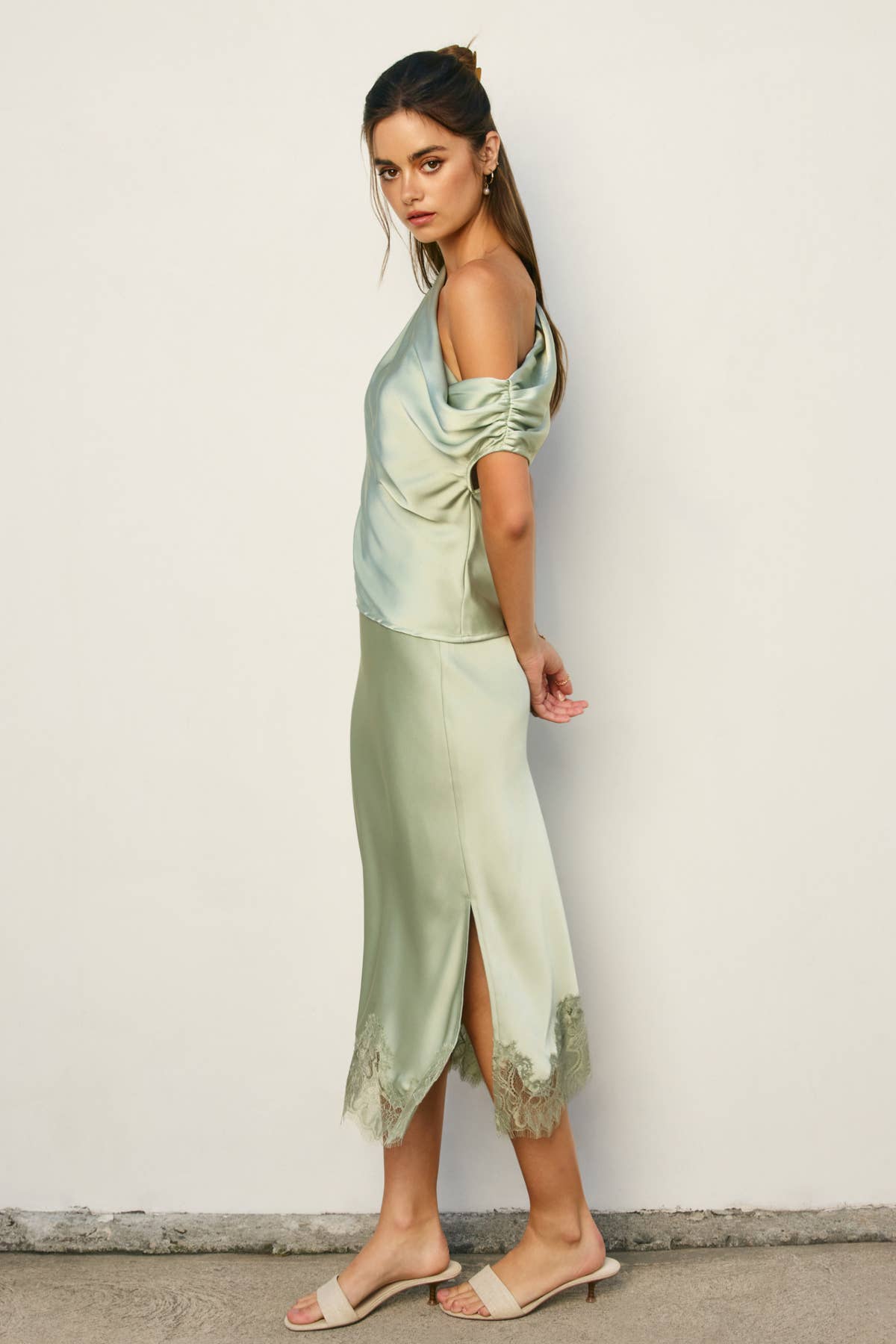 Powder Blue Lined Satin Pencil Skirt with Lace Hem